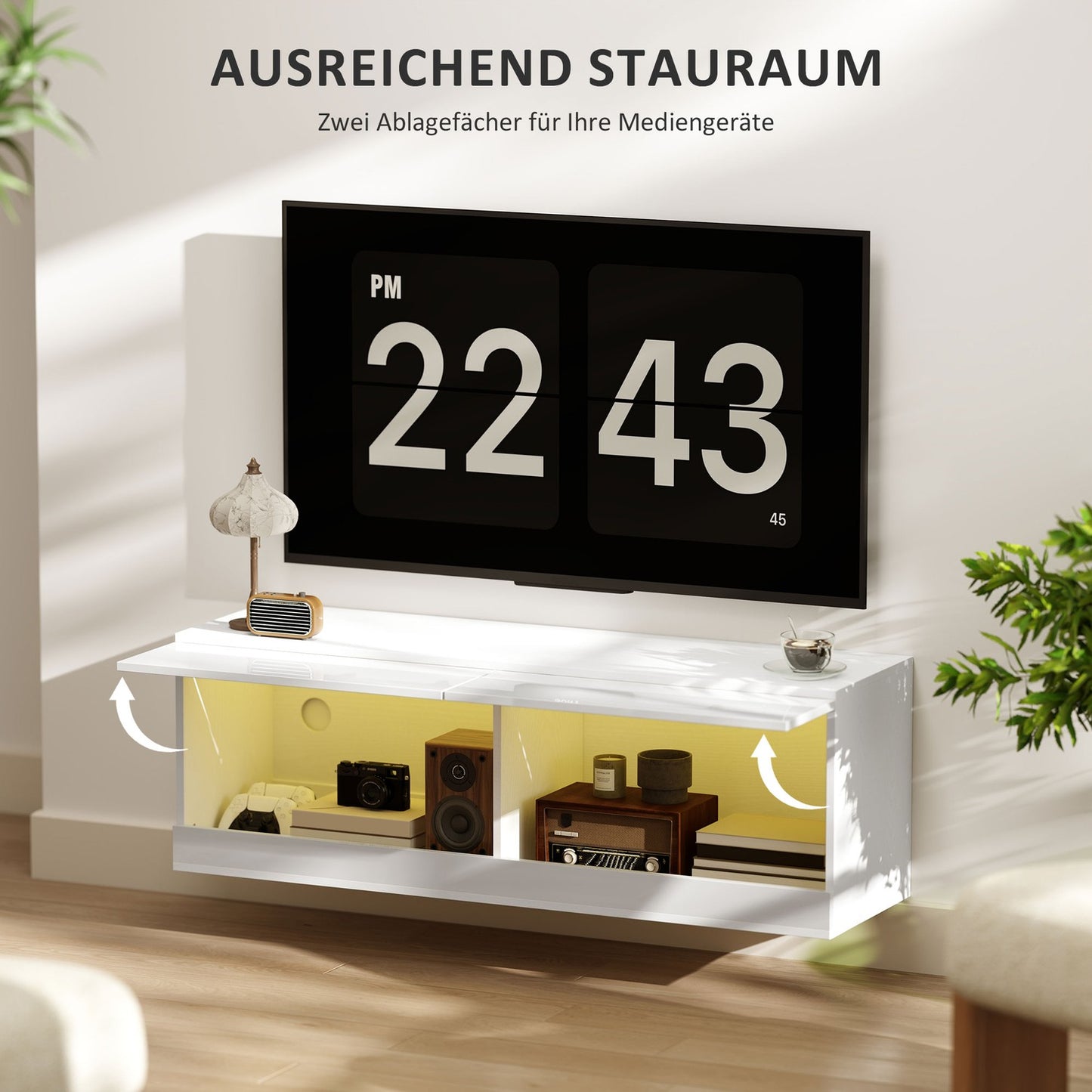 TV wall cabinet with LED light, 16 positions, glossy white