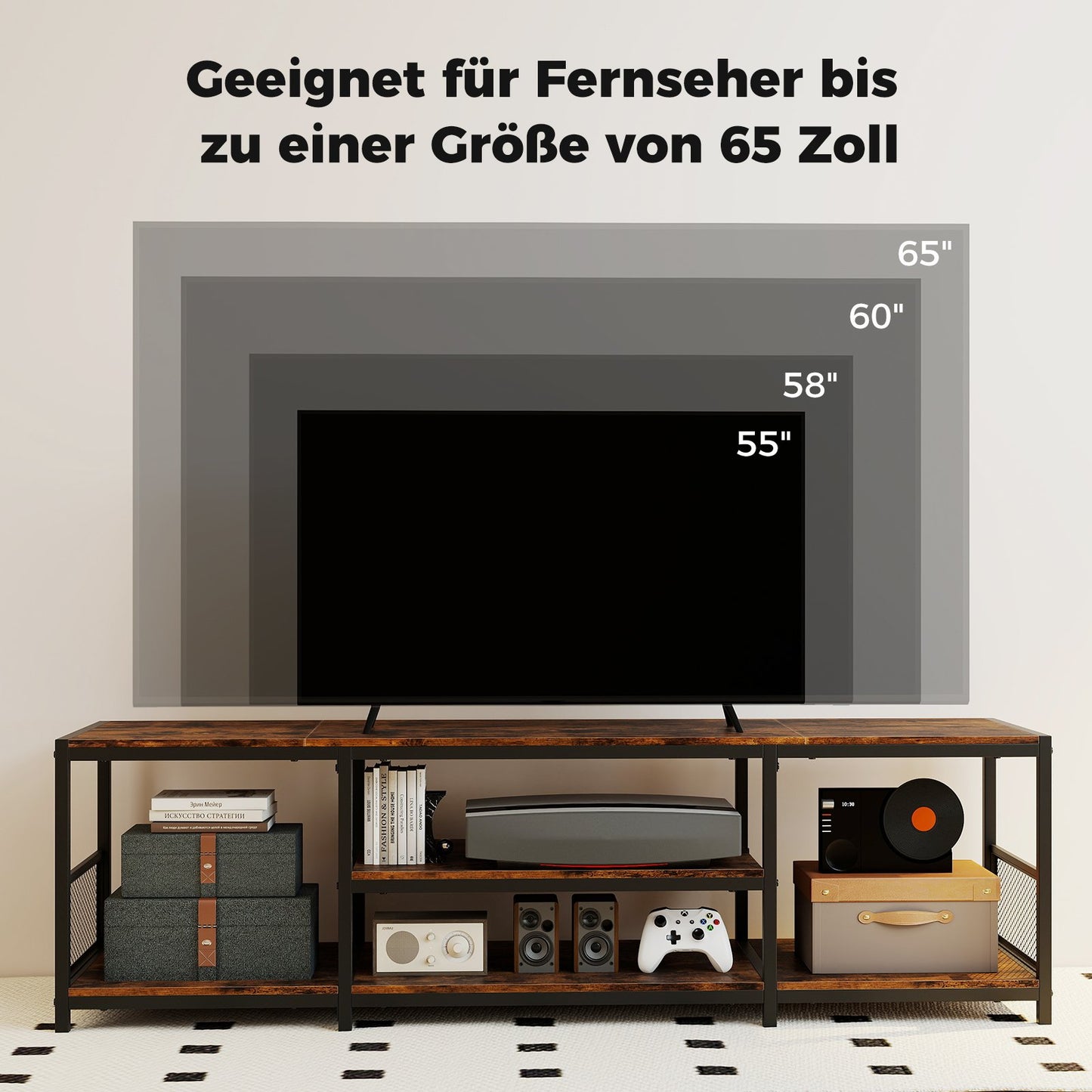 TV Stand for 65-Inch TVs, Industrial Style, Metal Frame
