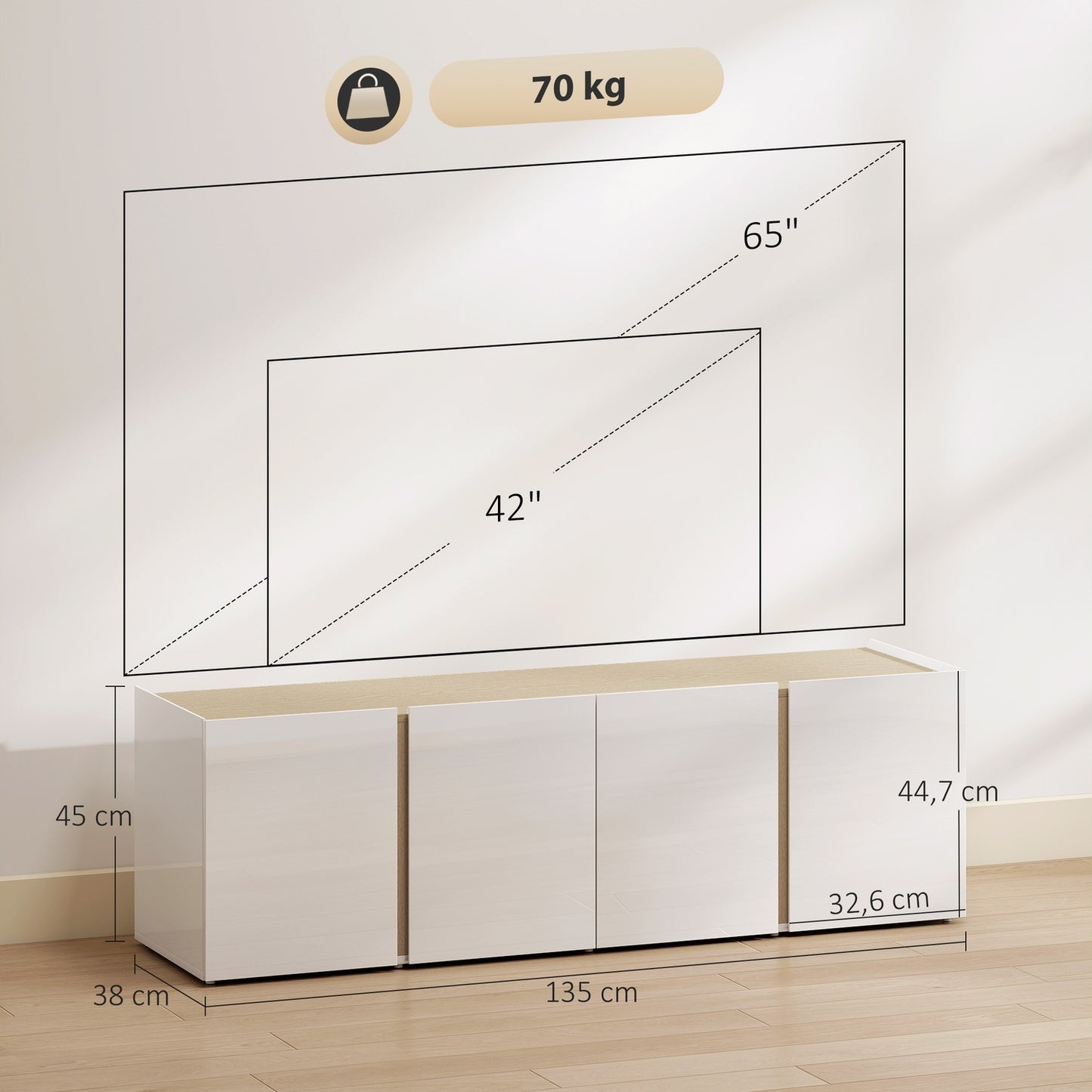 TV Stand for 65-Inch TVs, Soft-Close Doors, White