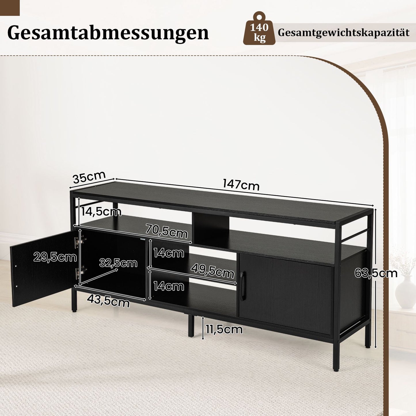TV Stand for 65" TVs with 2 Cabinets & 4 Shelves, Black
