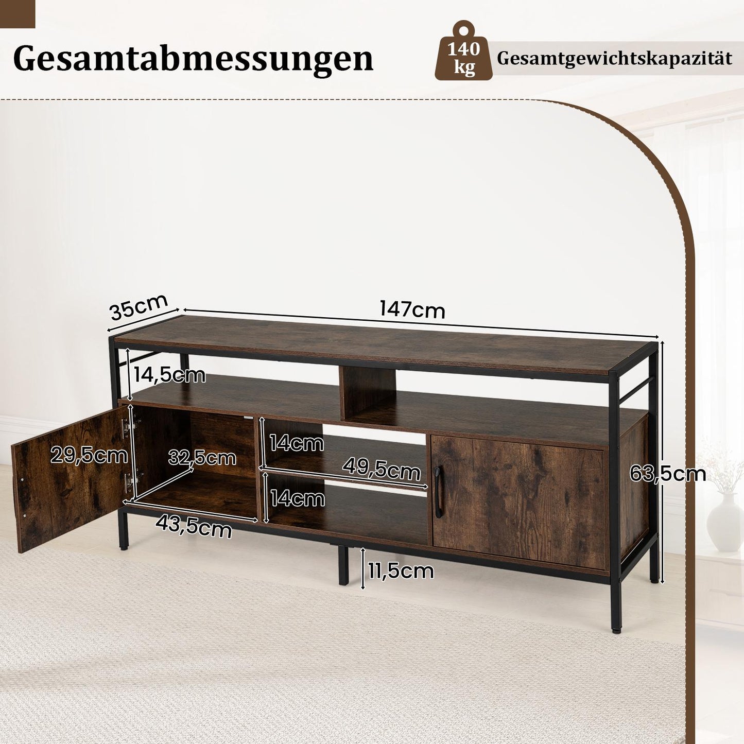 TV Stand for 65" TVs with 2 Cabinets & 4 Shelves, Rustic Brown