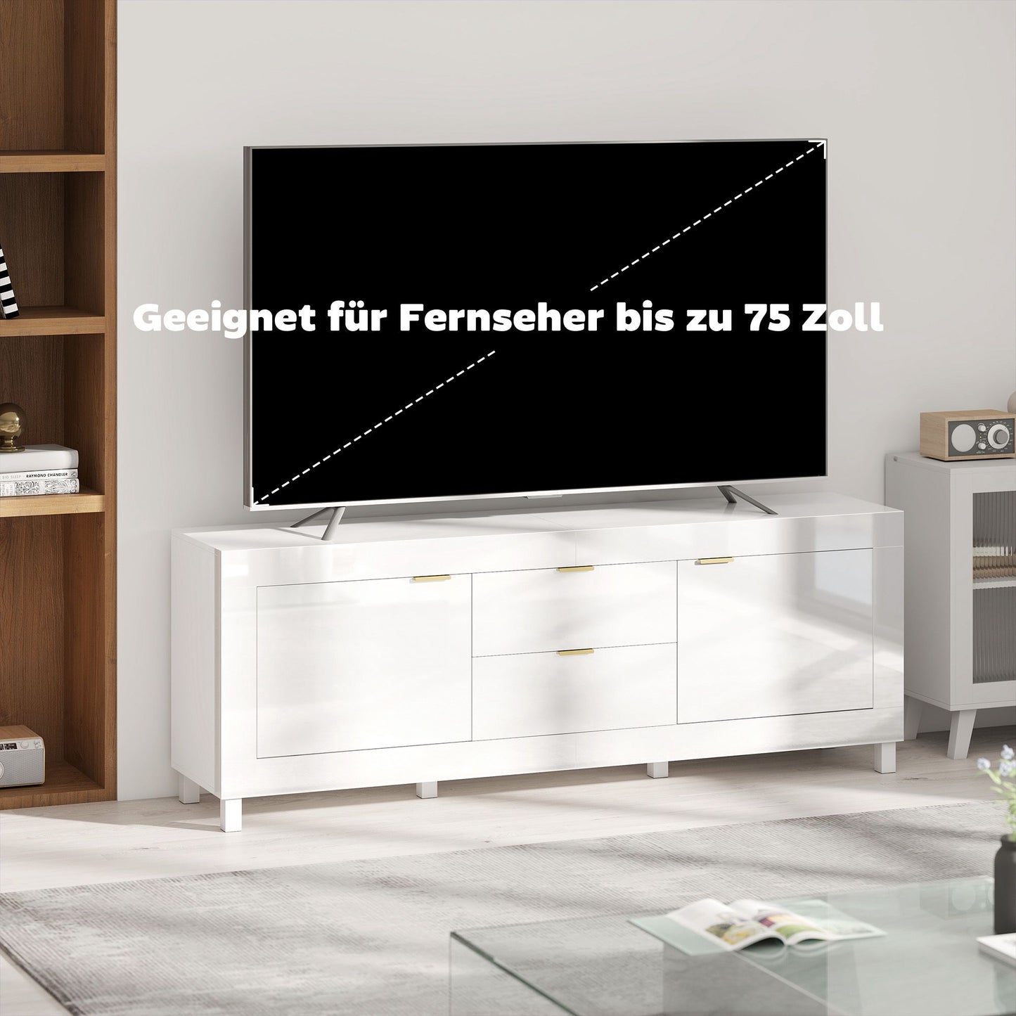 TV Stand for 75" TVs, High Gloss White, 180cm, 2 Cabinets