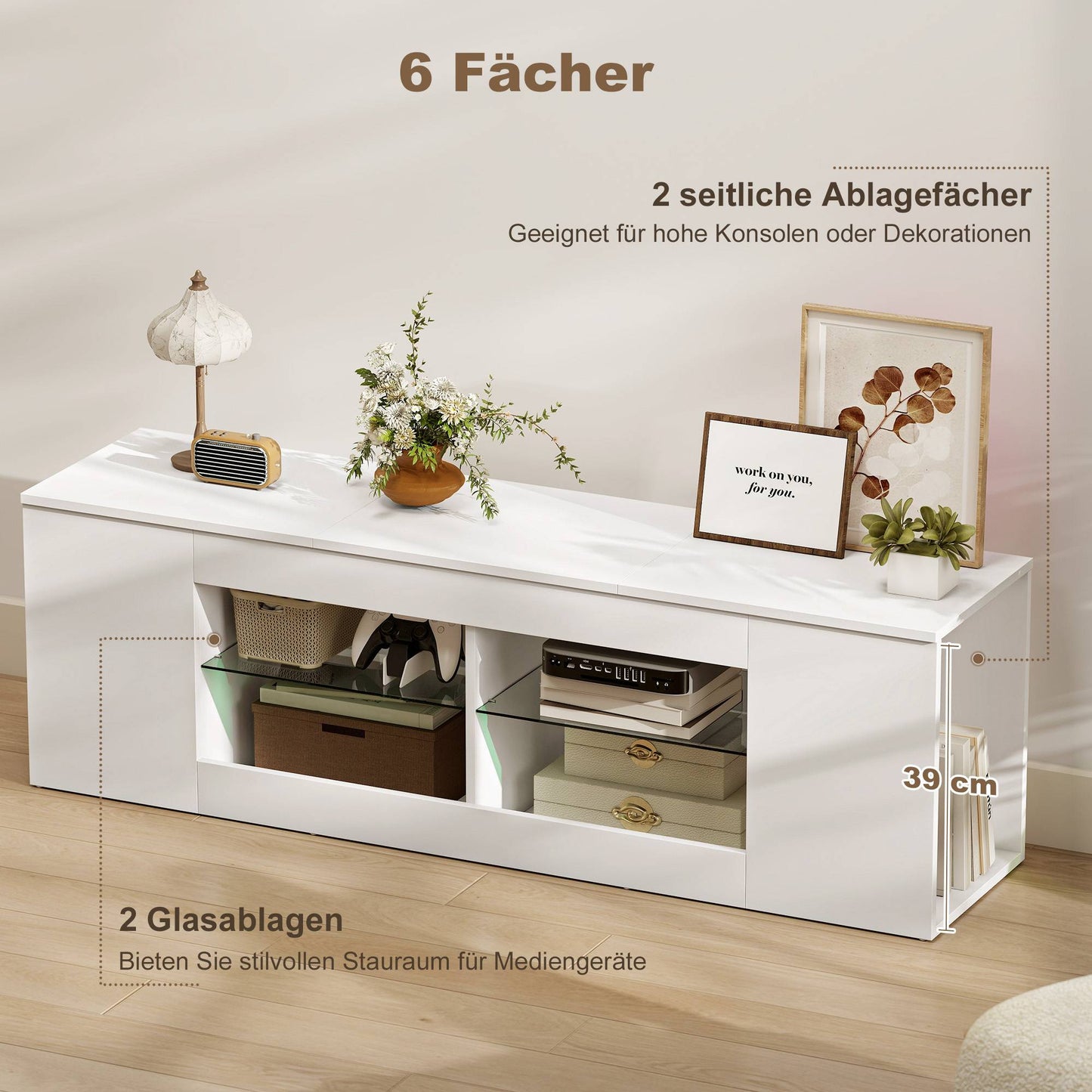 TV Stand with 6 Shelves, 2 Glass Racks, 140 cm, White