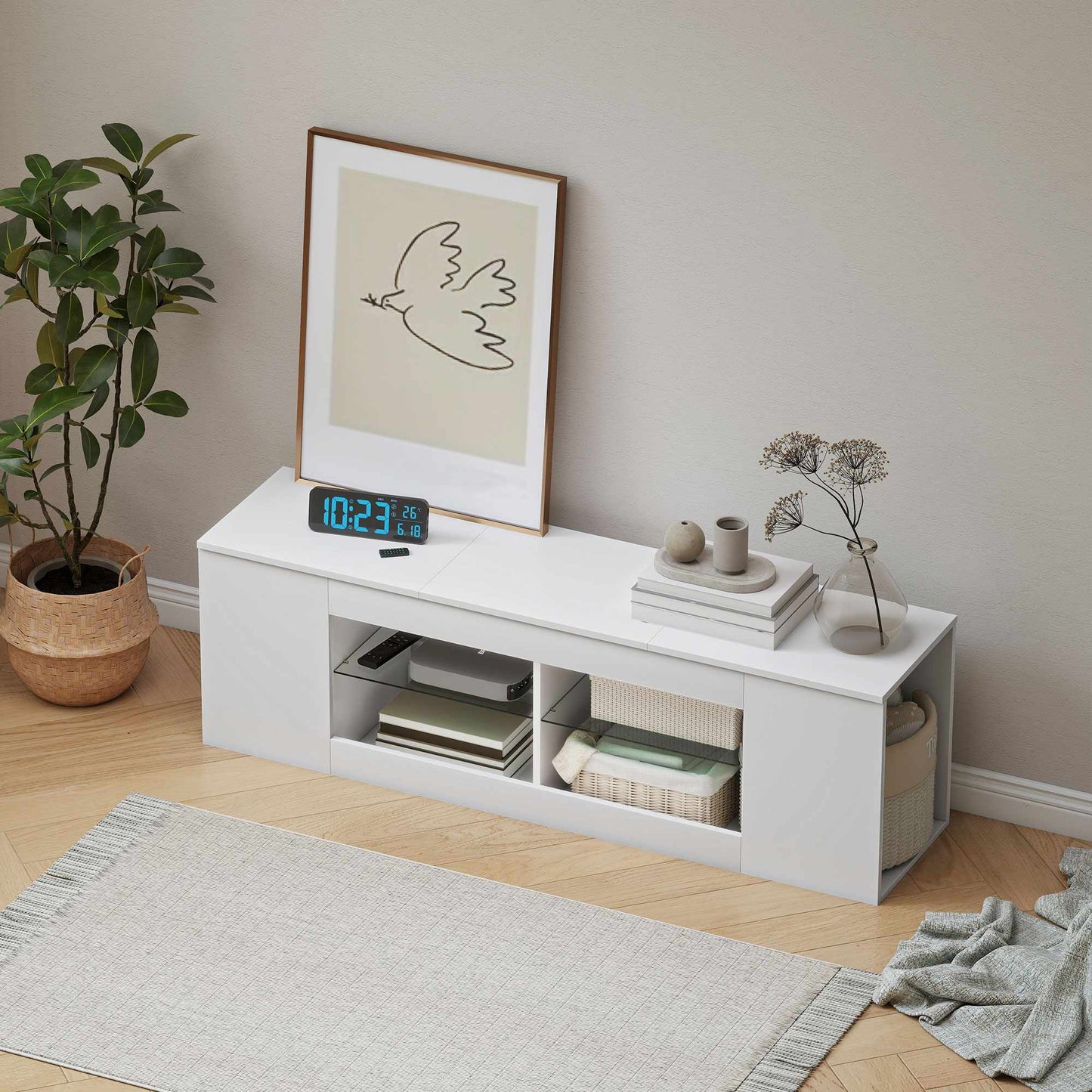 TV Stand with 6 Shelves, 2 Glass Racks, 140 cm, White