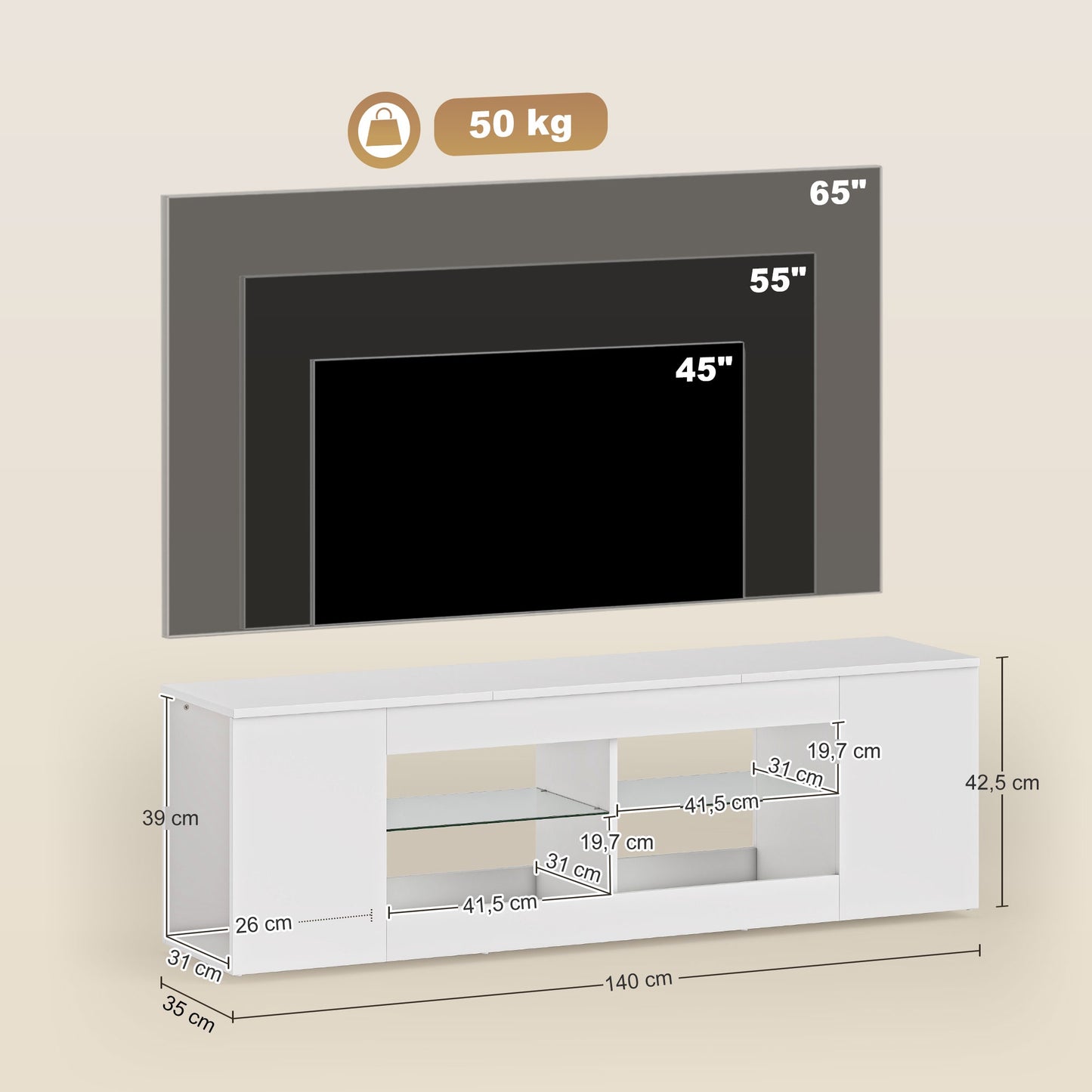 TV Stand with 6 Shelves, 2 Glass Racks, 140 cm, White