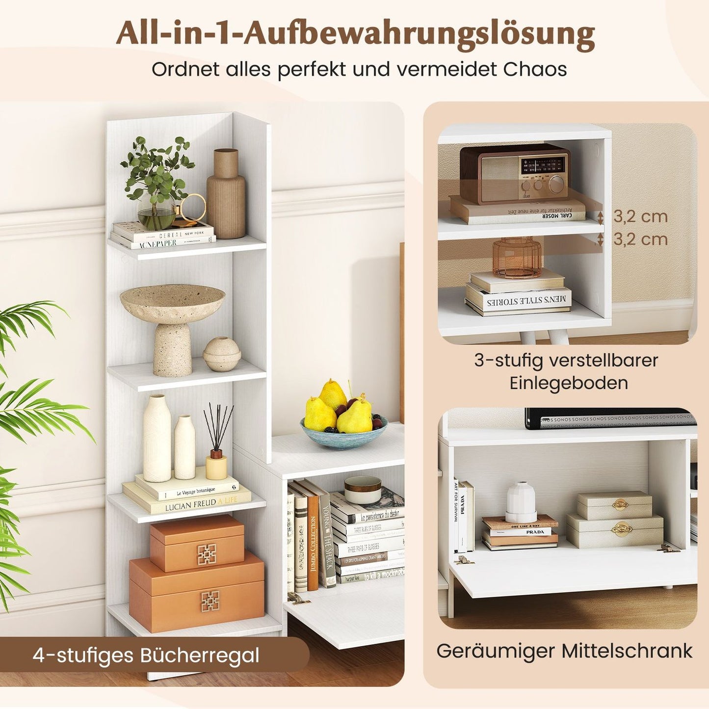 TV Stand with Adjustable Shelf & Bookshelf, White, 140cm
