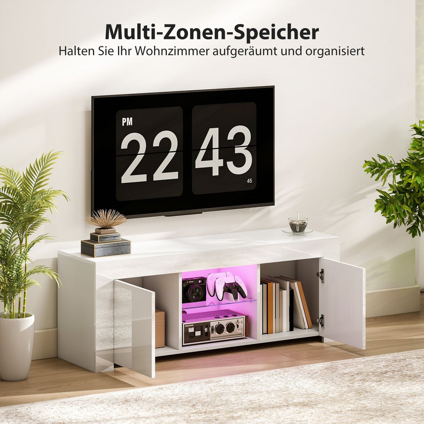 TV Stand with RGB LED Lights, Glossy White Finish