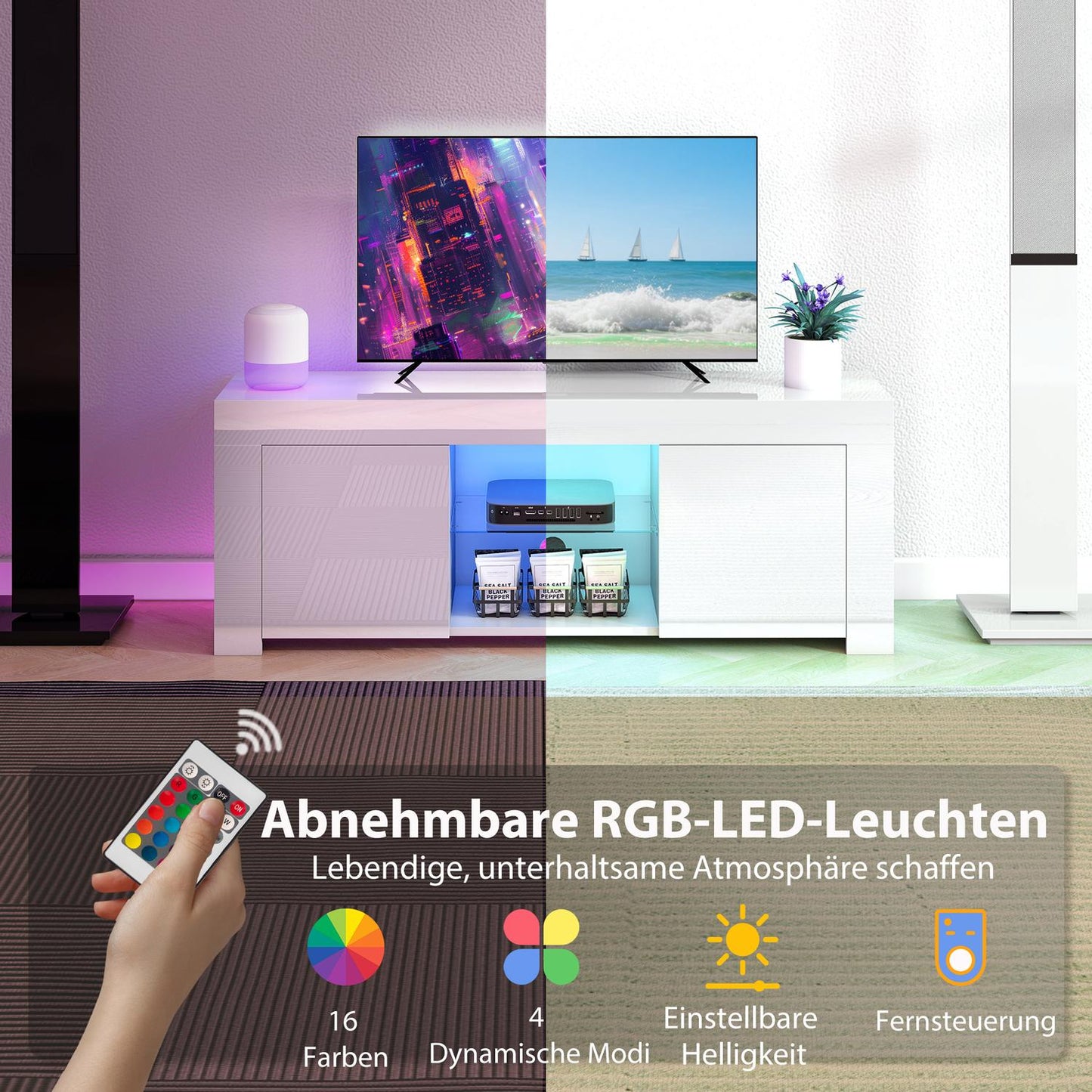 TV Stand with RGB LED Lights, Glossy White Finish