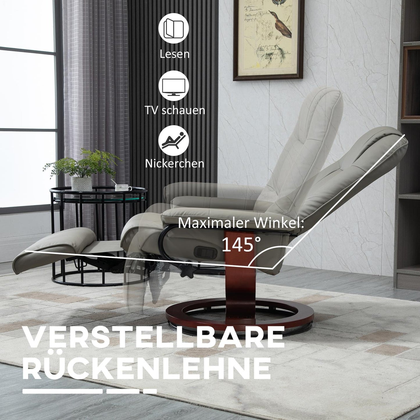 Lounger, electric 145° tilt, synthetic leather, grey