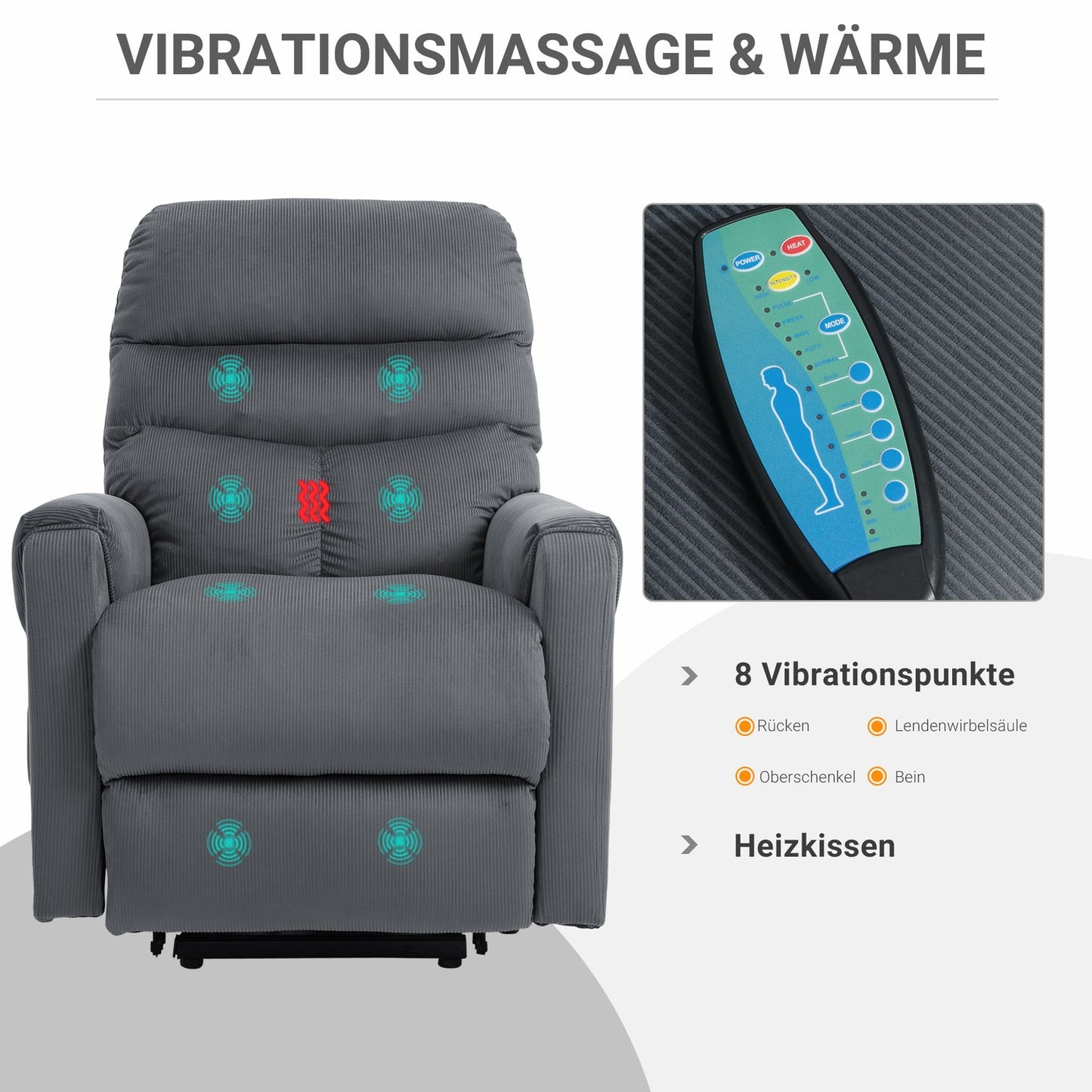 Electric recliner with massage, heating and standing assistance