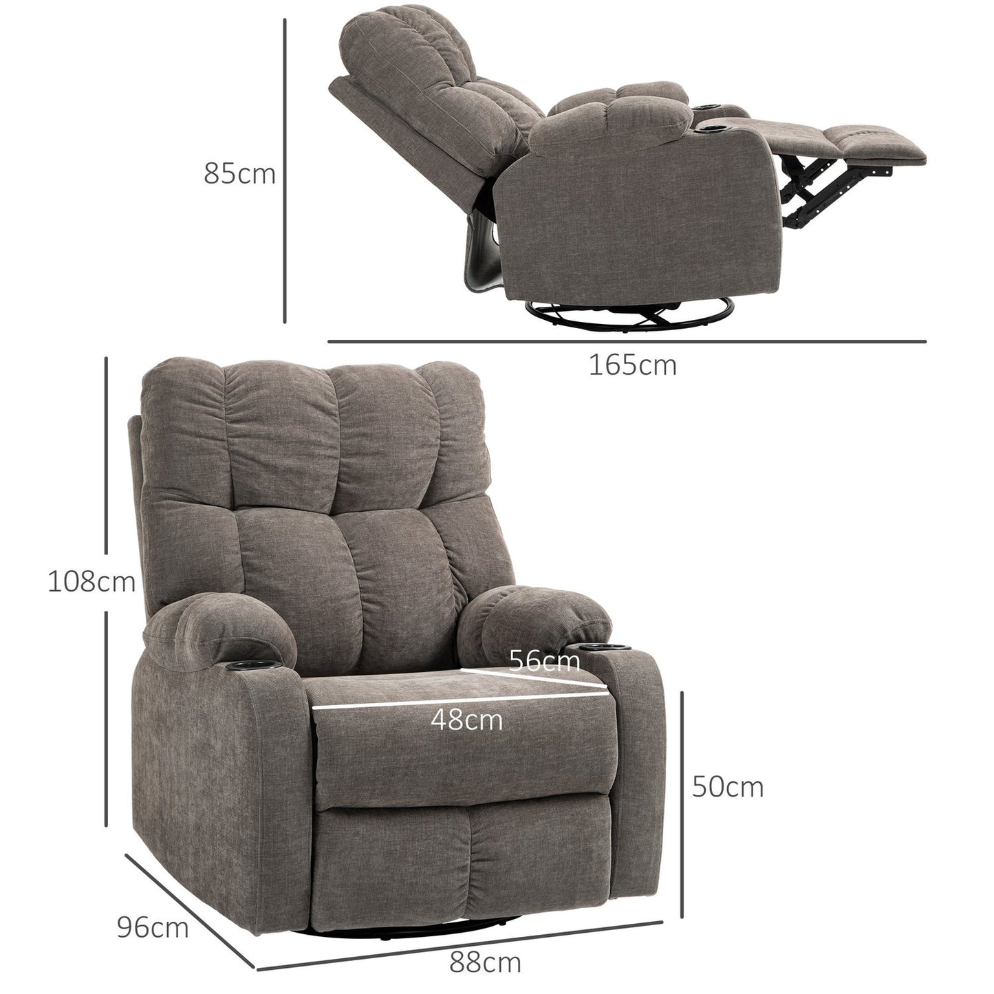 Reclining TV armchair, Swivel, with Cup holder, Brown