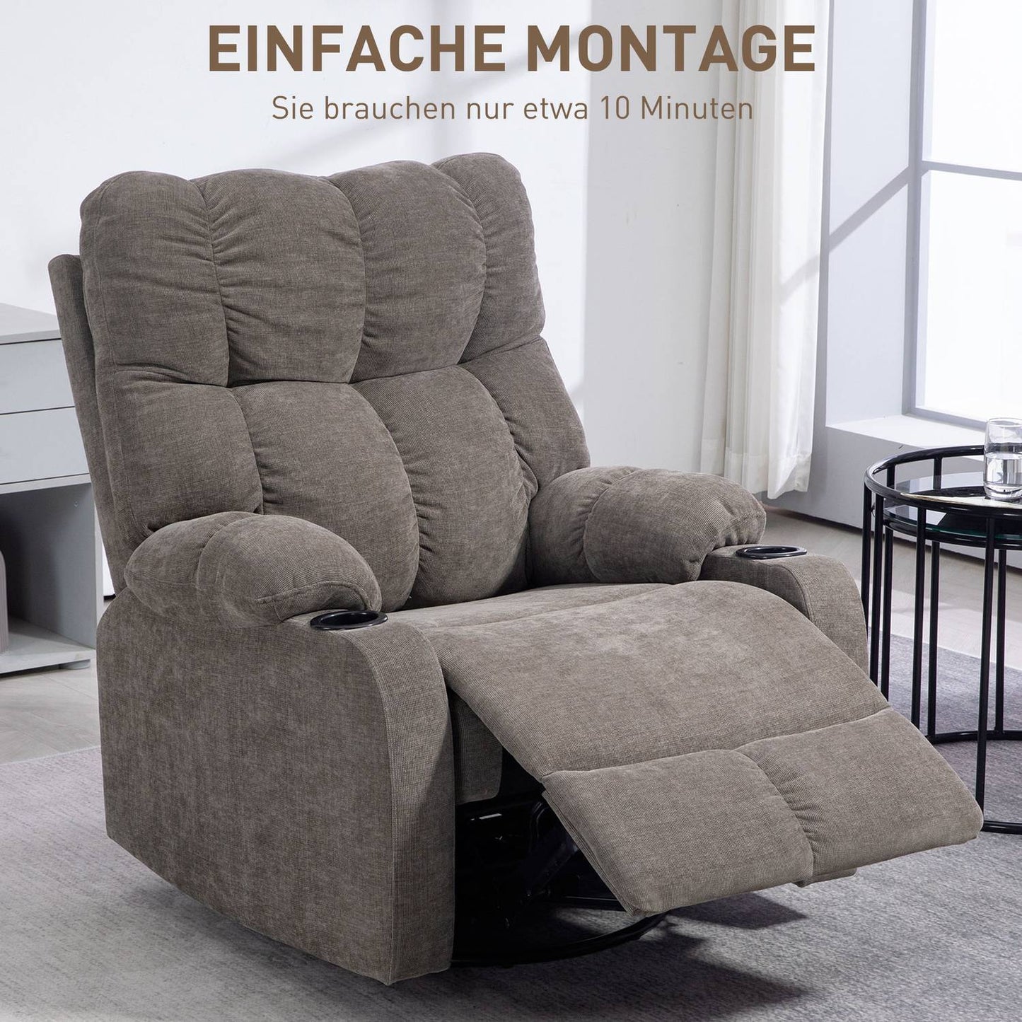 Reclining TV armchair, Swivel, with Cup holder, Brown