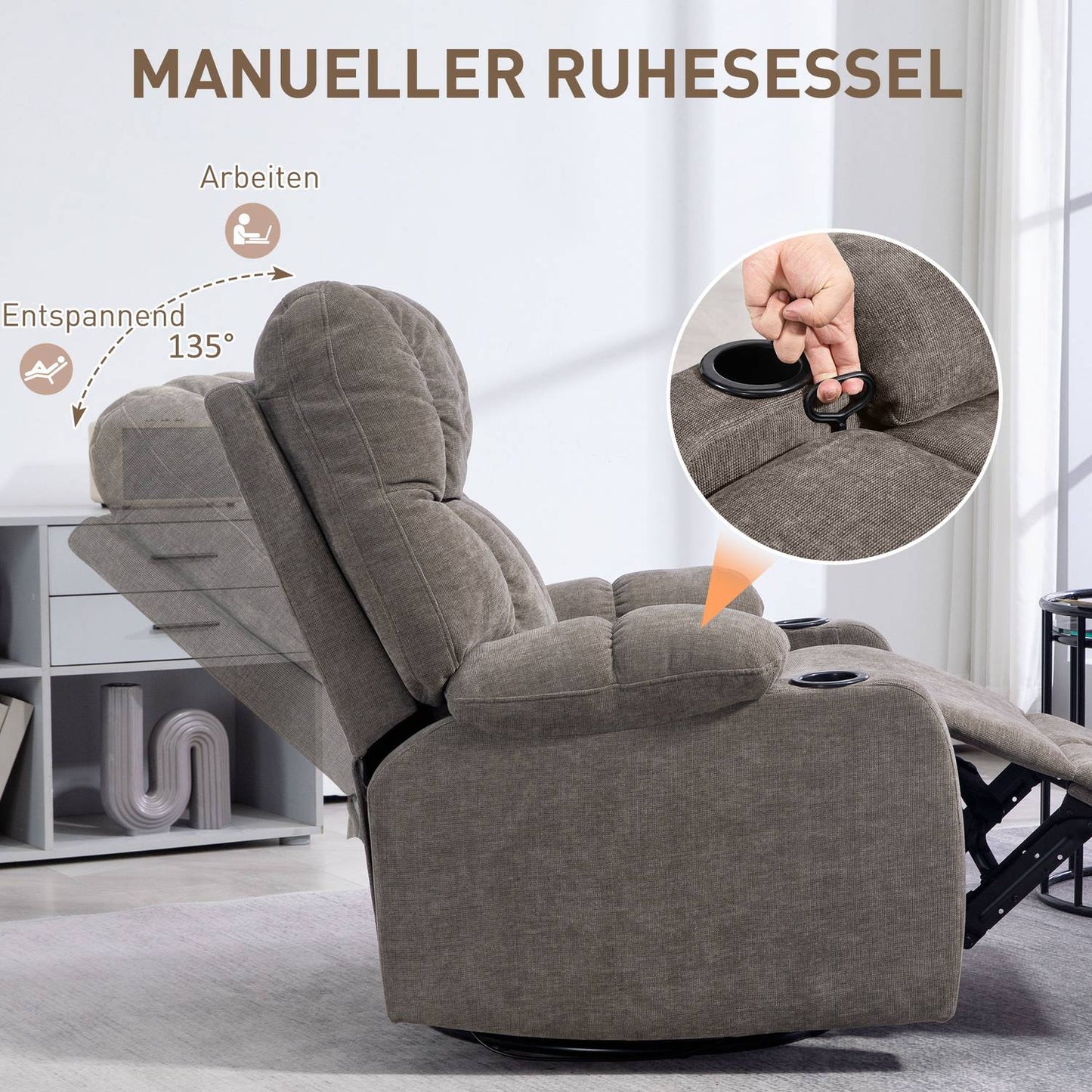 Reclining TV armchair, Swivel, with Cup holder, Brown