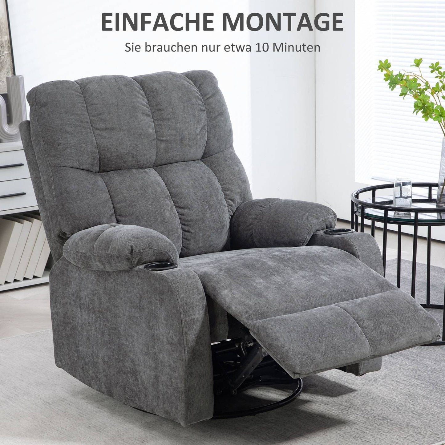 Reclining TV armchair, 360° rotatable, dark grey, 88x96x108cm