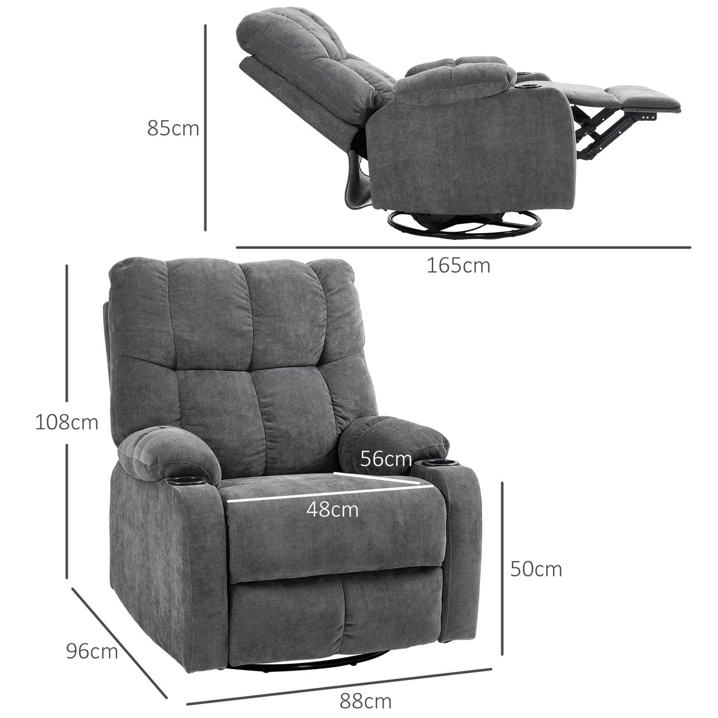 Reclining TV armchair, 360° rotatable, dark grey, 88x96x108cm