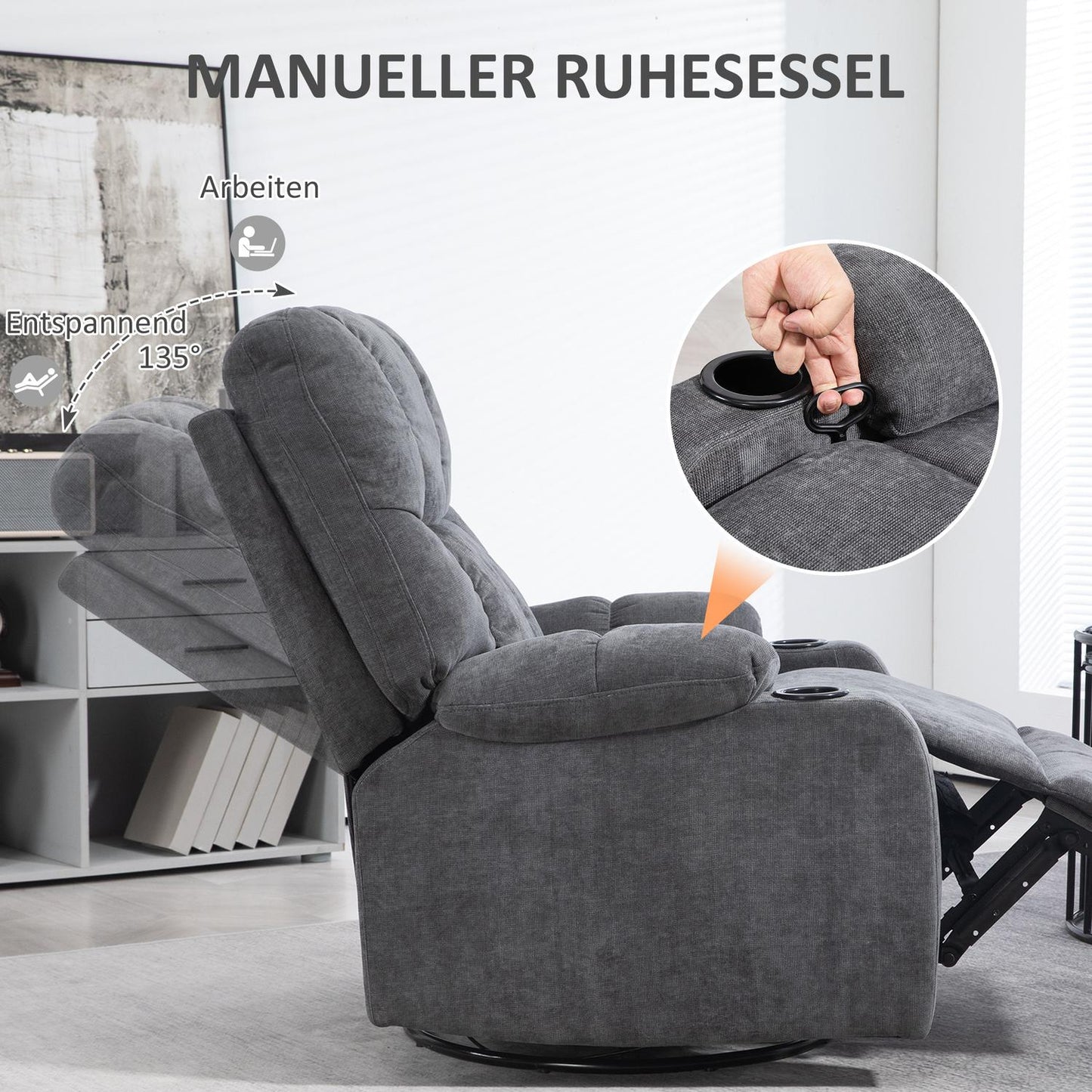 Reclining TV armchair, 360° rotatable, dark grey, 88x96x108cm