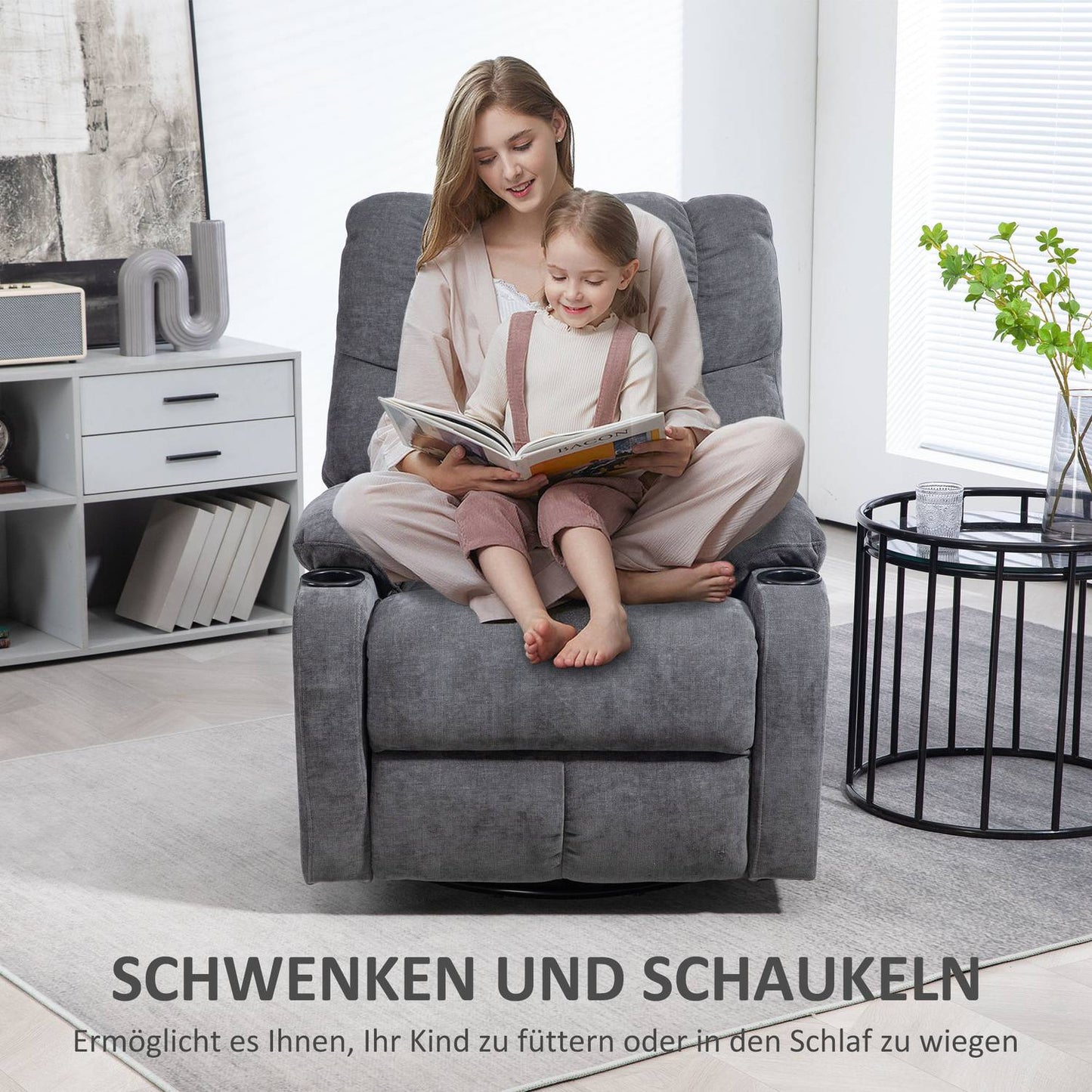 Reclining TV armchair, 360° rotatable, dark grey, 88x96x108cm