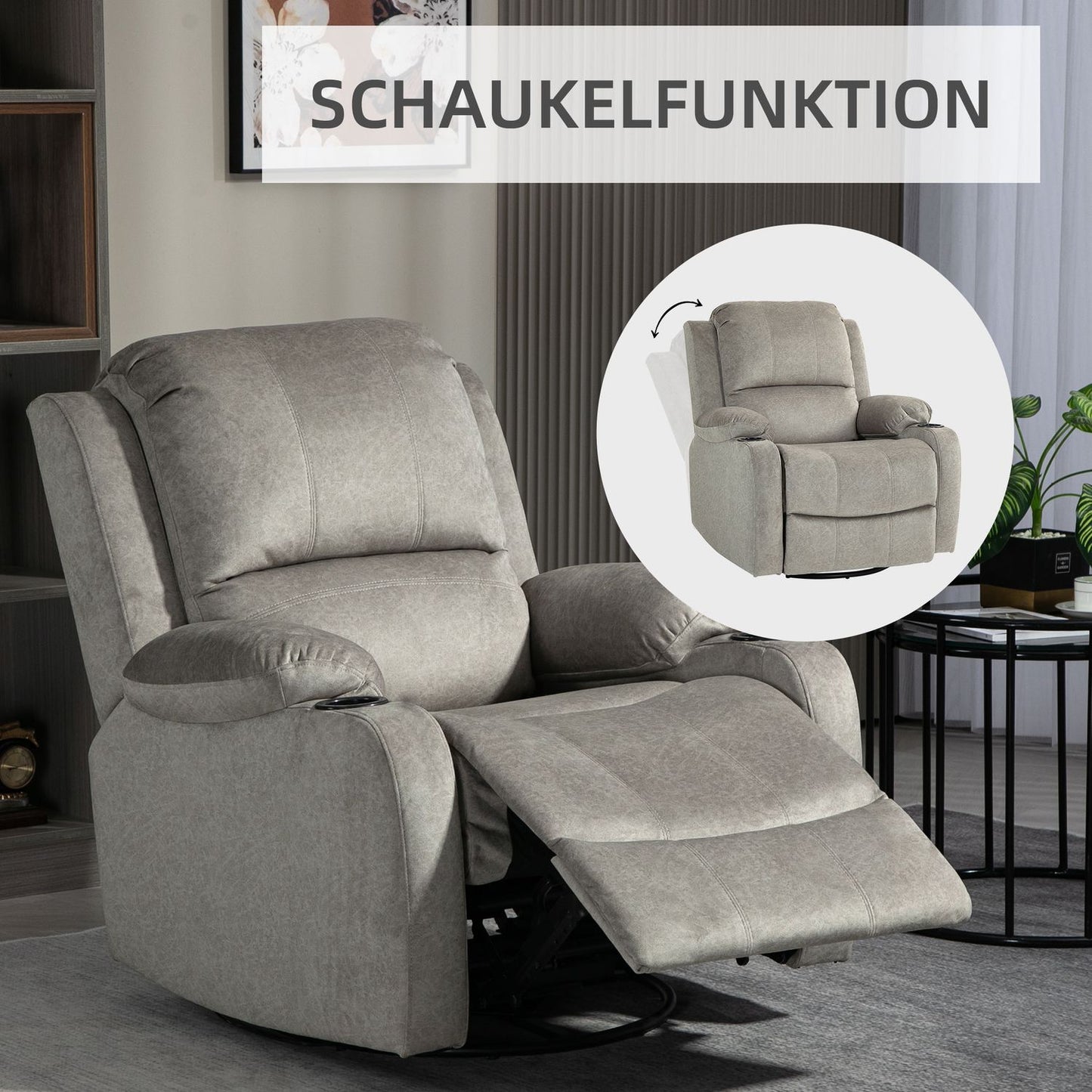 Reclining rocking chair with cup holder, brown