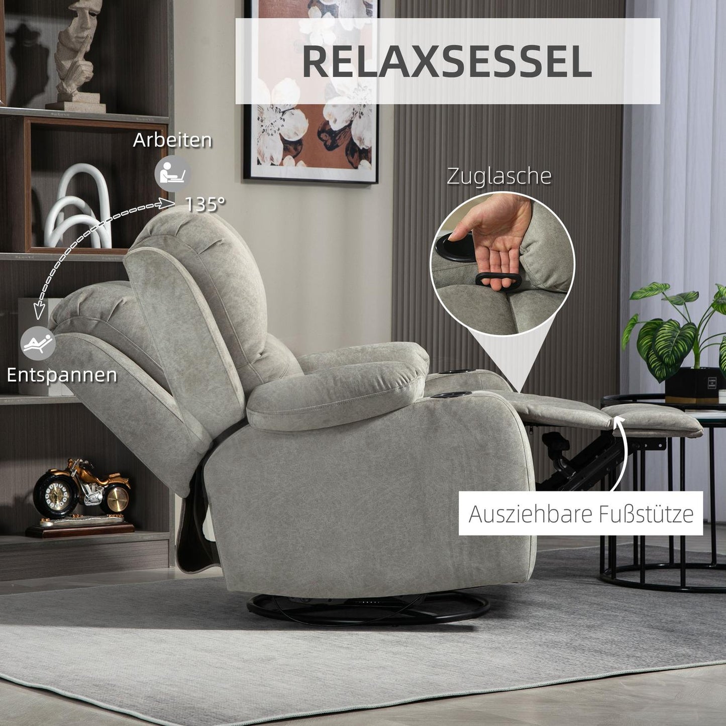 Reclining rocking chair with cup holder, brown