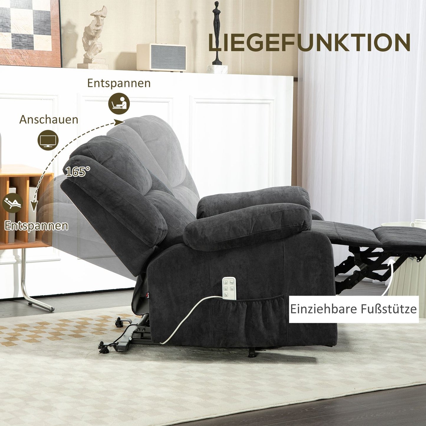 Electric recliner with lift assist - black, side pocket