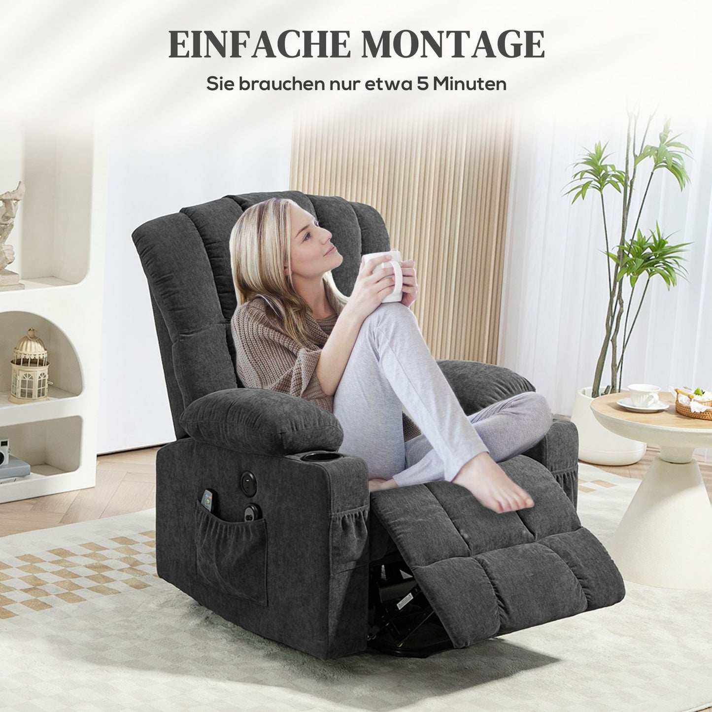 Electric recliner - massage, heating, USB ports, dark grey