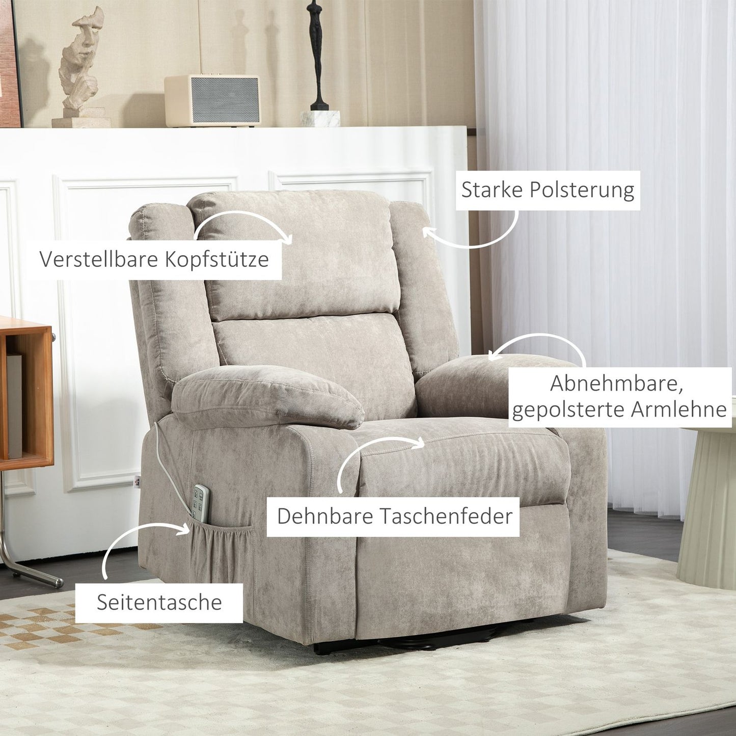 Electric recliner, standing aid, pocket spring, light grey