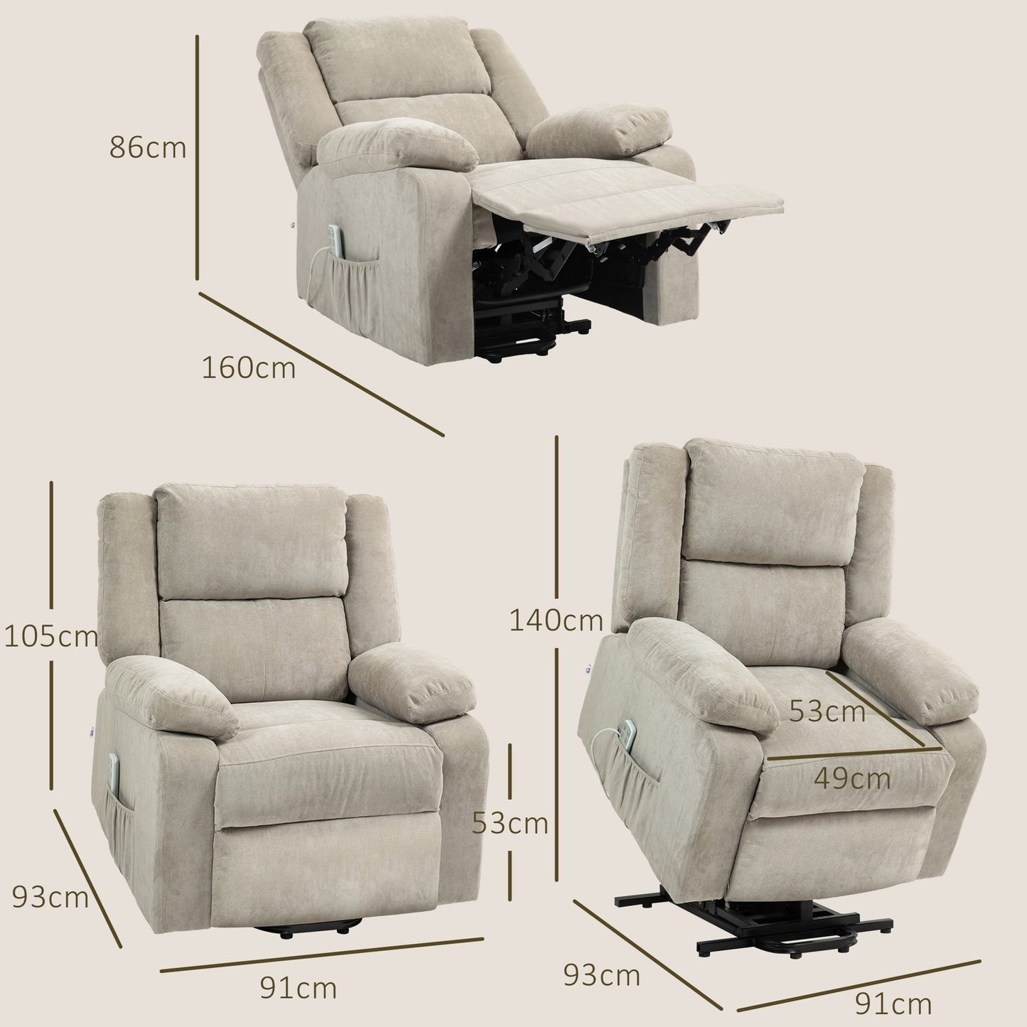 Electric recliner, standing aid, pocket spring, light grey
