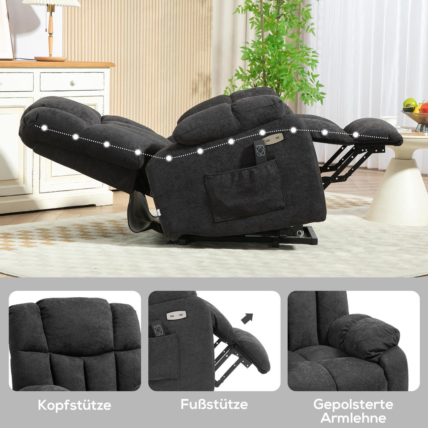 Electric reclining TV armchair with USB port, Black