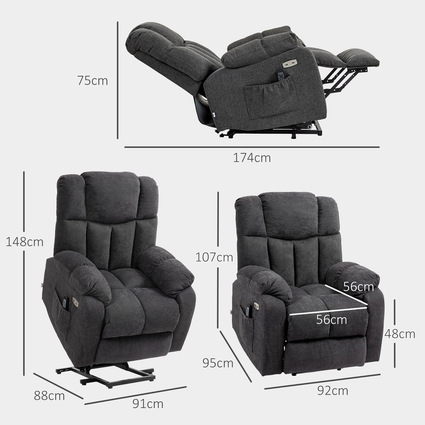 Electric reclining TV armchair with USB port, Black