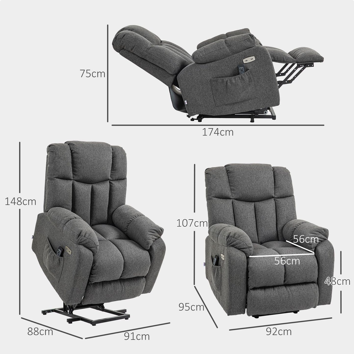 Electric reclining TV armchair with USB port, dark grey