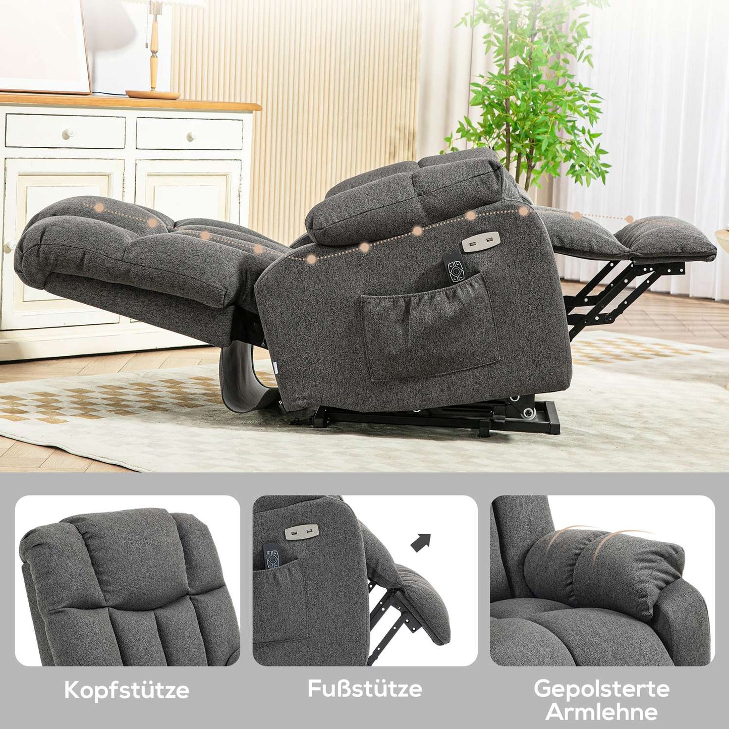 Electric reclining TV armchair with USB port, dark grey