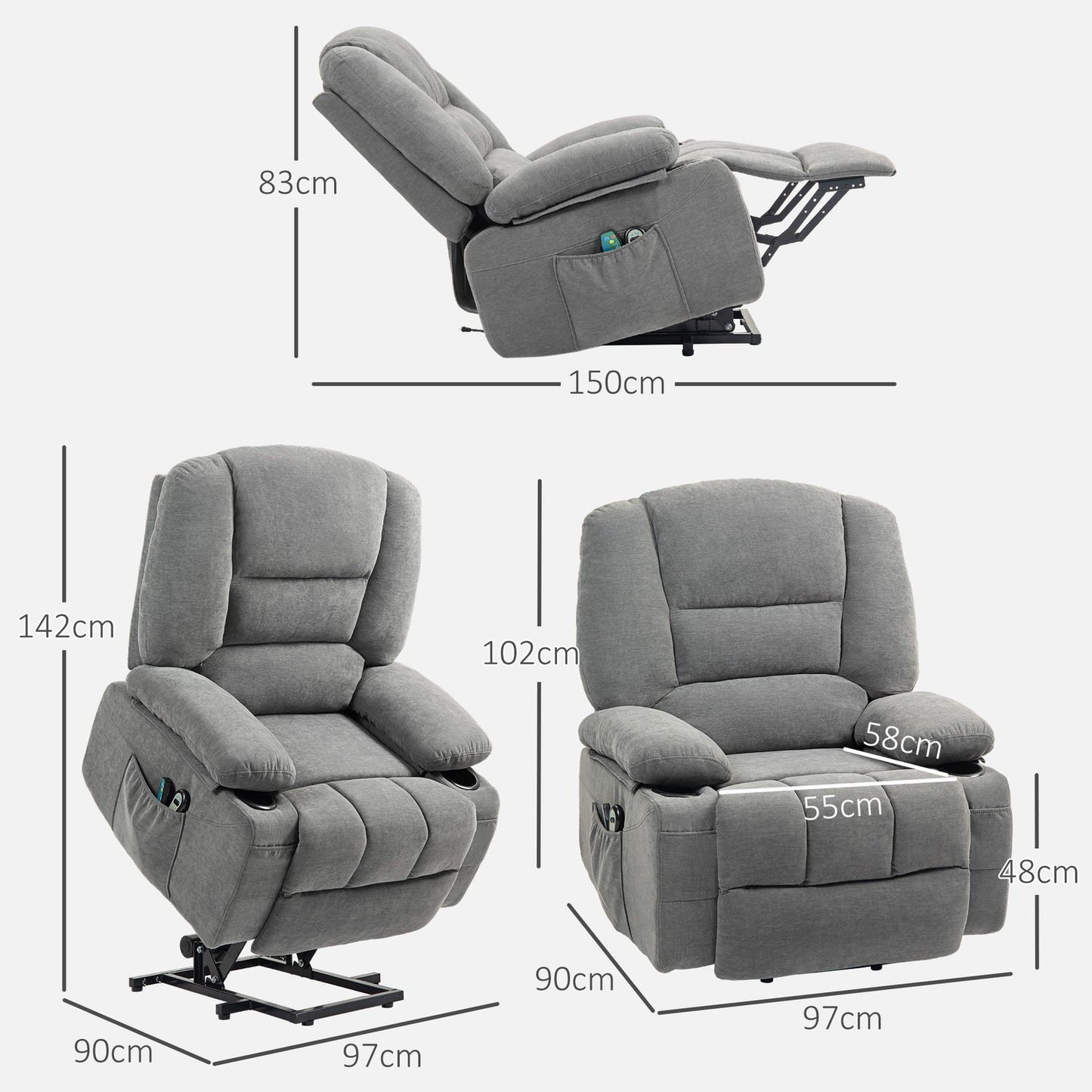 Electric reclining TV armchair, heating & massage, dark grey