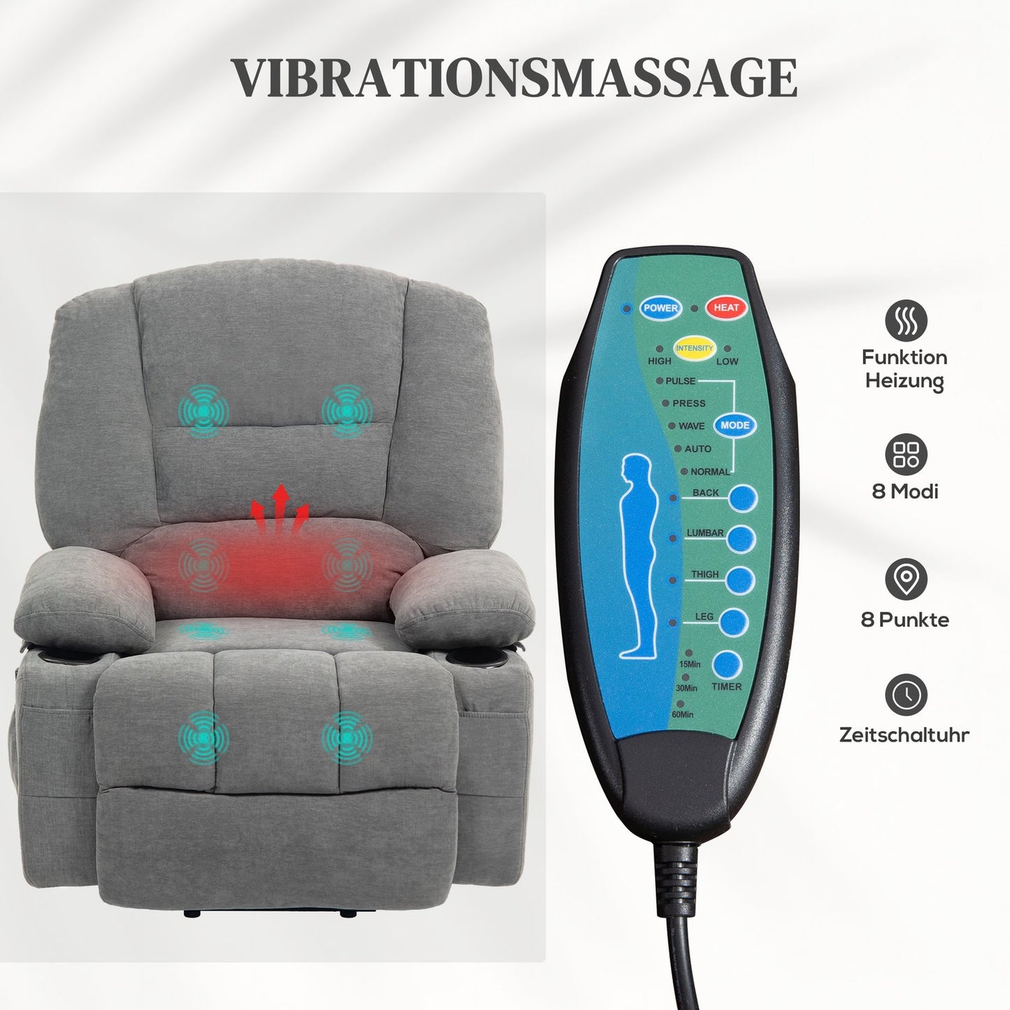 Electric reclining TV armchair, heating & massage, dark grey