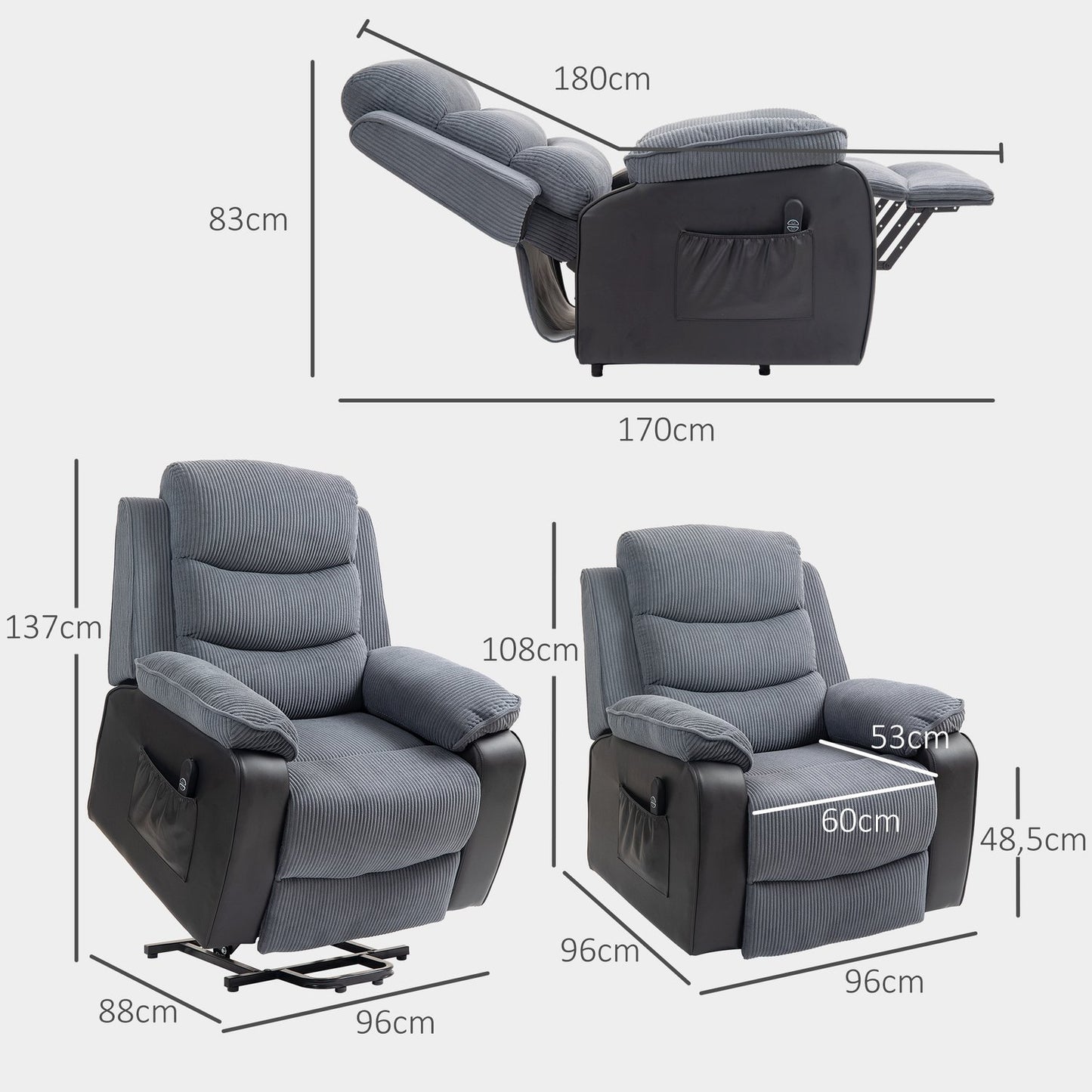 Electric reclining TV armchair with standing aid, dark grey