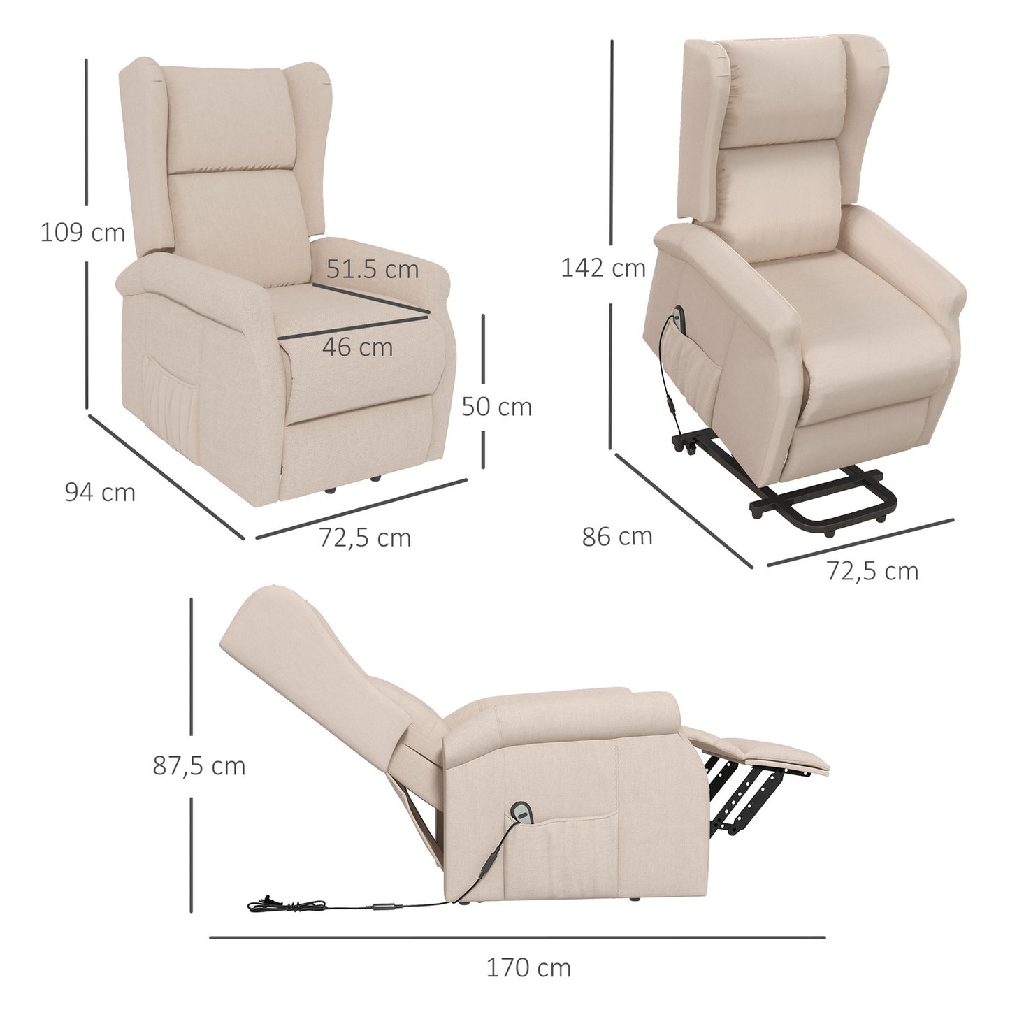 TV armchair with electric lift and lockable tilt, cream