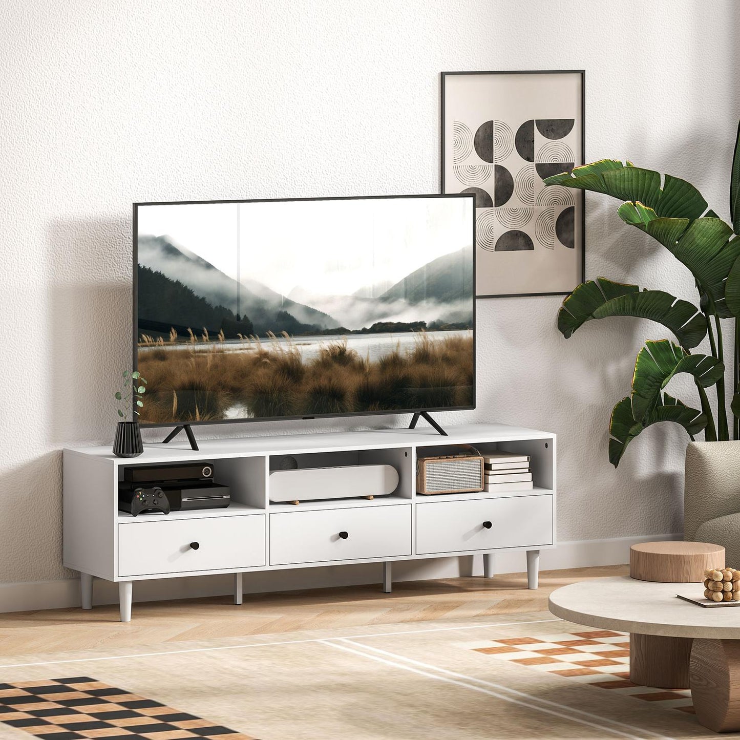 White TV cabinet with drawers, Cable management, 140 cm