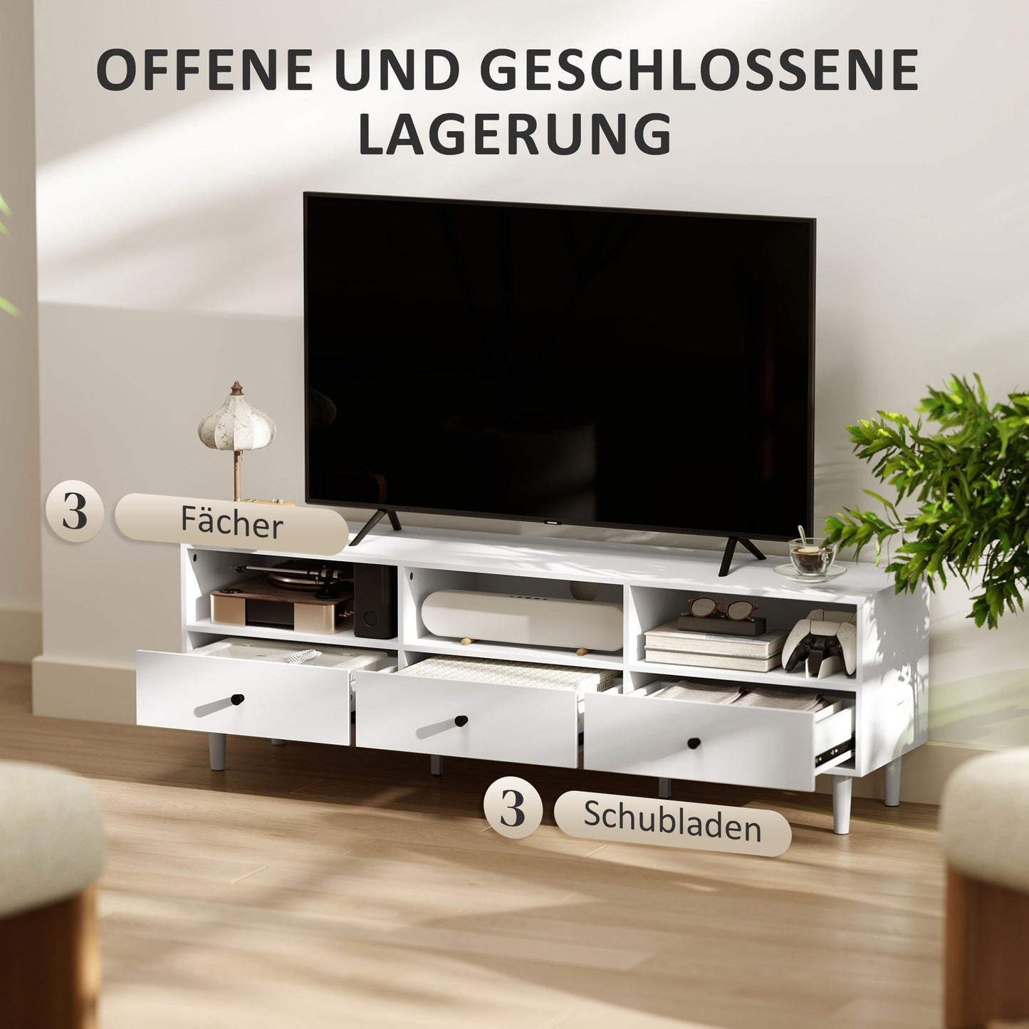 White TV cabinet with drawers, Cable management, 140 cm