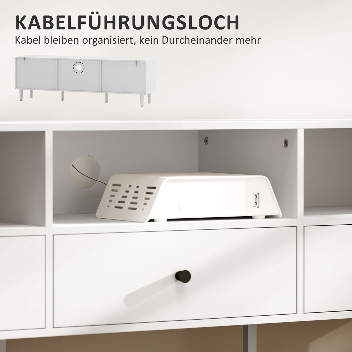 White TV cabinet with drawers, Cable management, 140 cm
