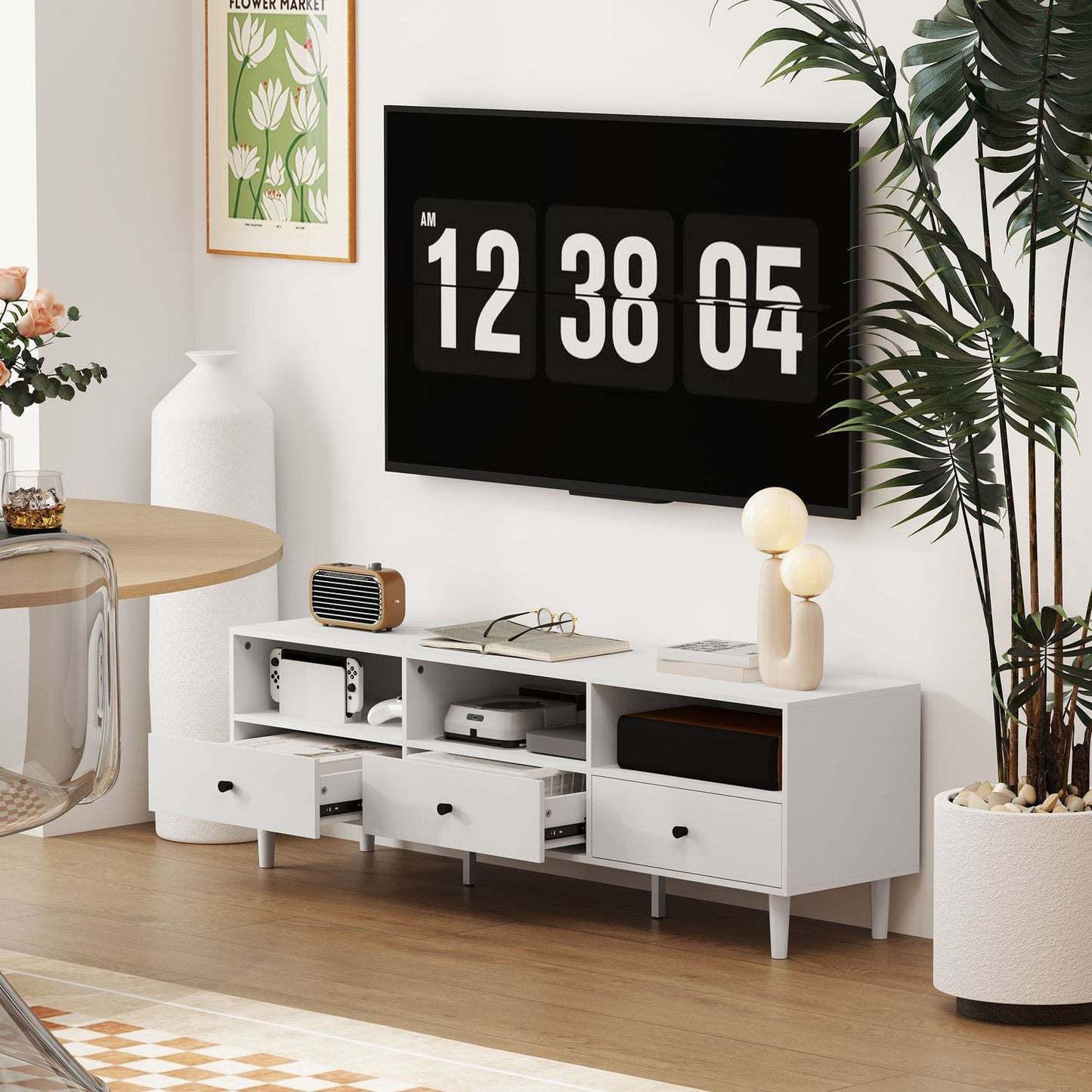 White TV cabinet with drawers, Cable management, 140 cm