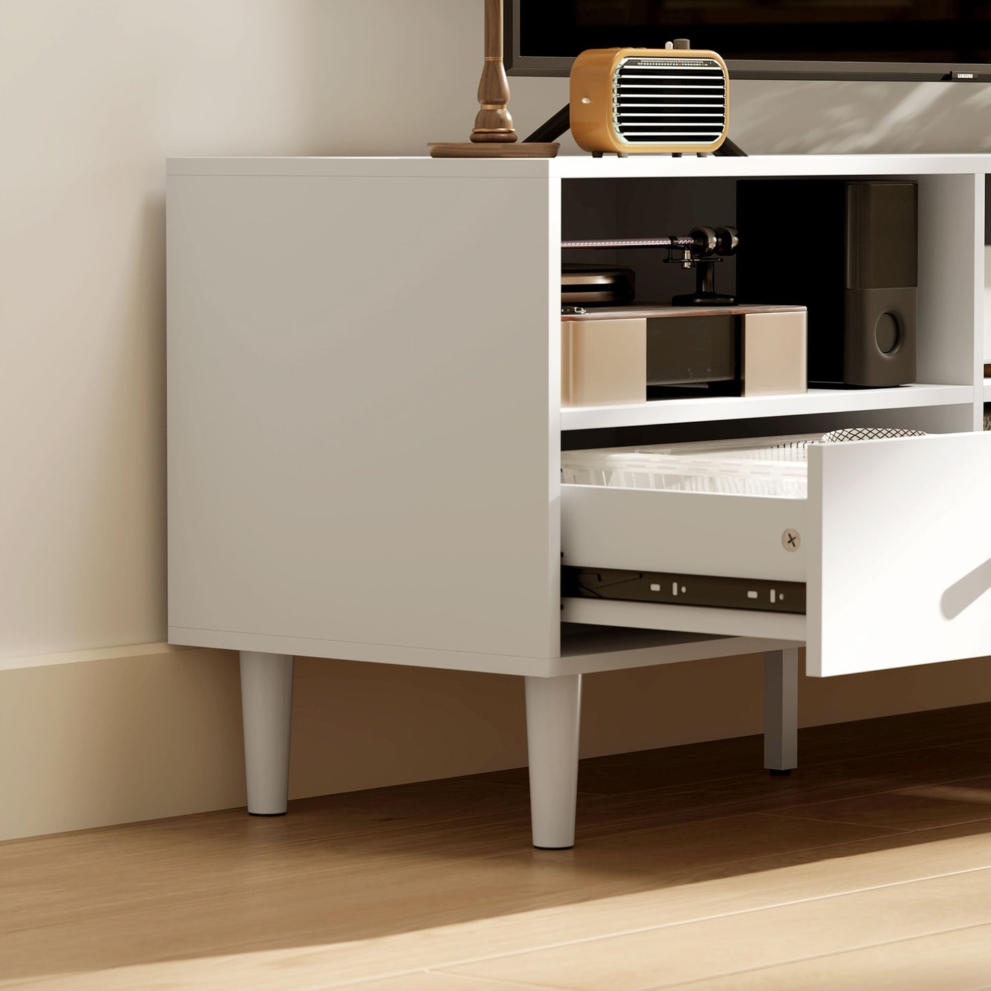 White TV cabinet with drawers, Cable management, 140 cm
