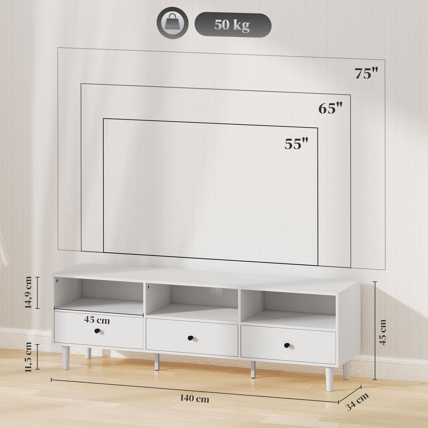 White TV cabinet with drawers, Cable management, 140 cm