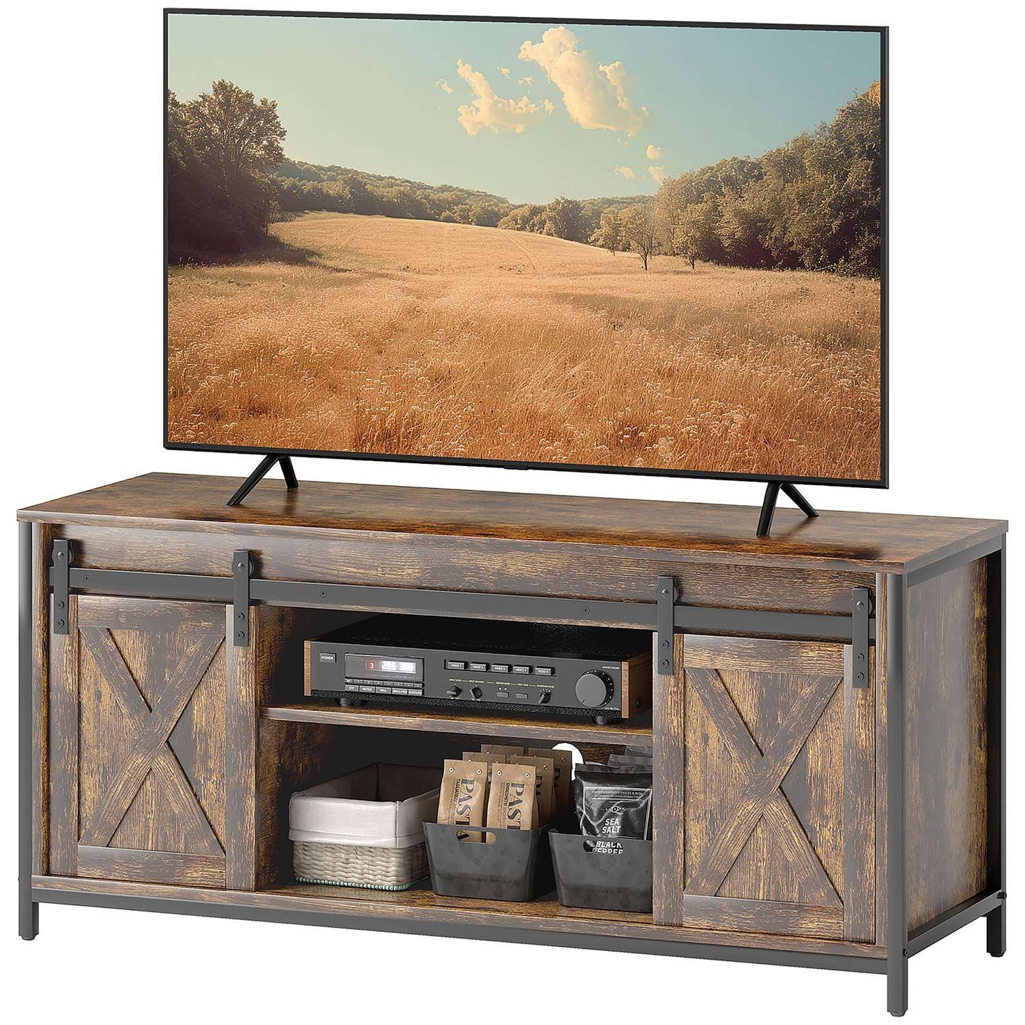 TV stand for 60-inch TVs, brown, 2 cabinets and shelves