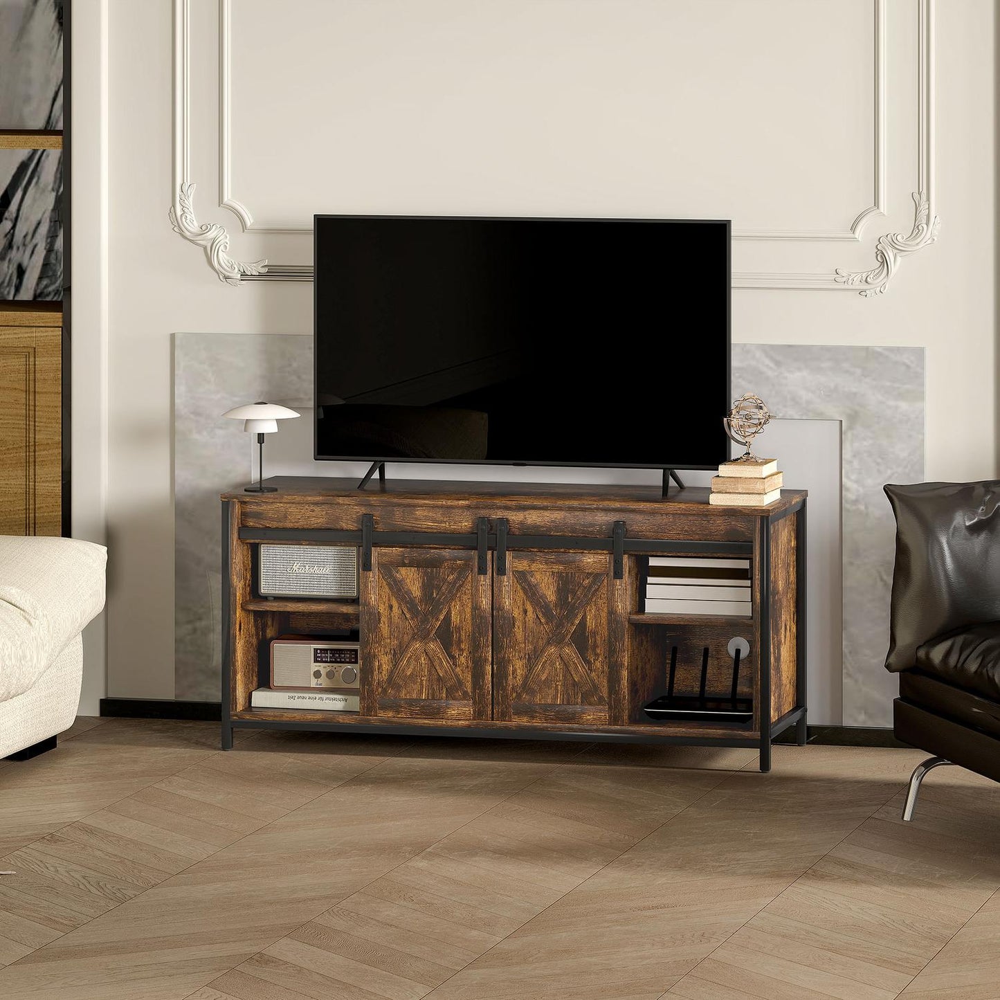 TV stand for 60-inch TVs, brown, 2 cabinets and shelves