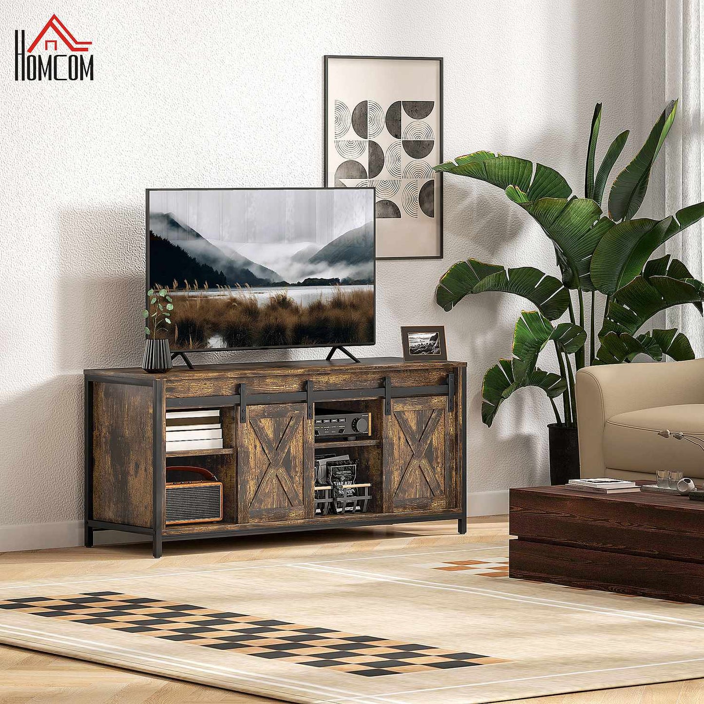 TV stand for 60-inch TVs, brown, 2 cabinets and shelves