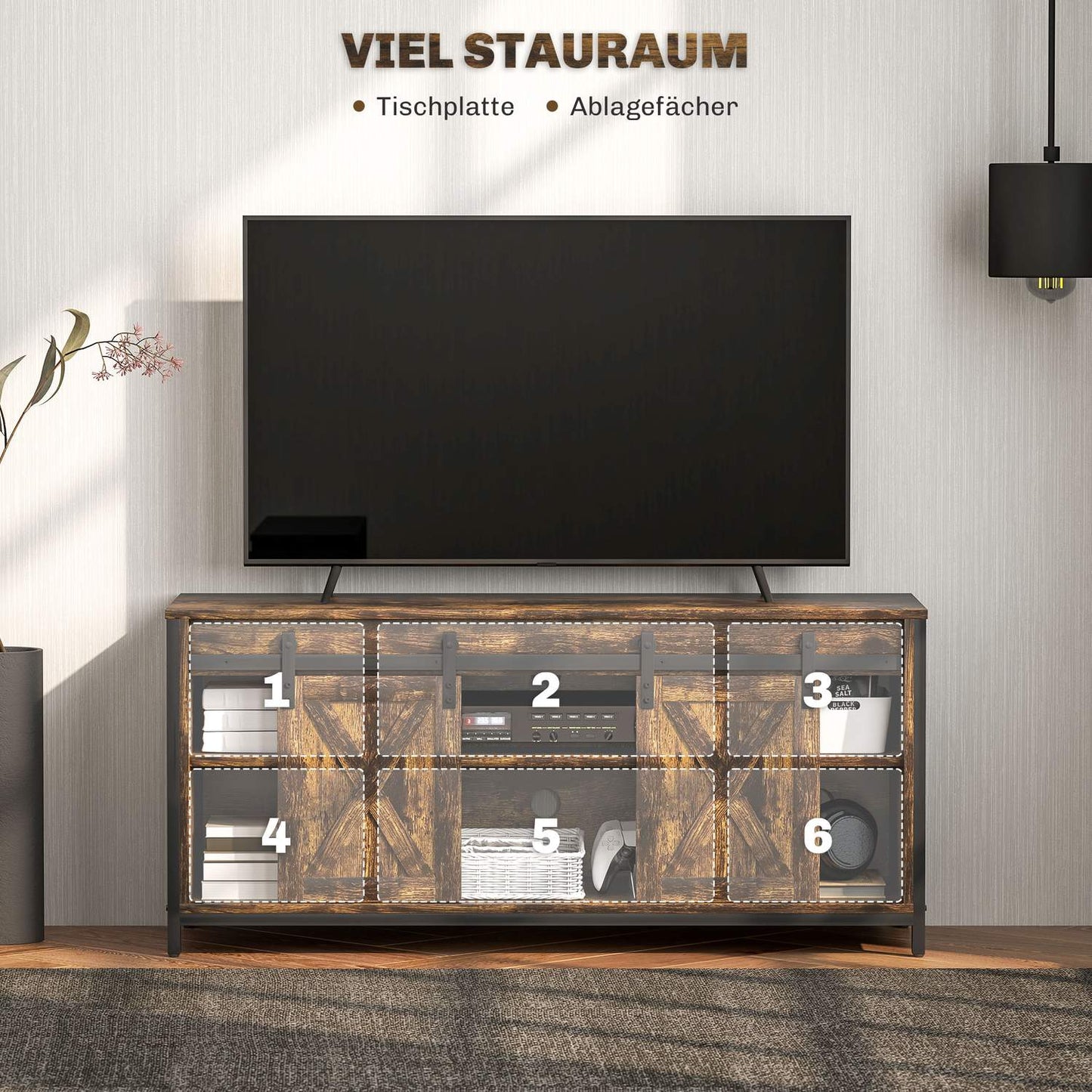 TV stand for 60-inch TVs, brown, 2 cabinets and shelves