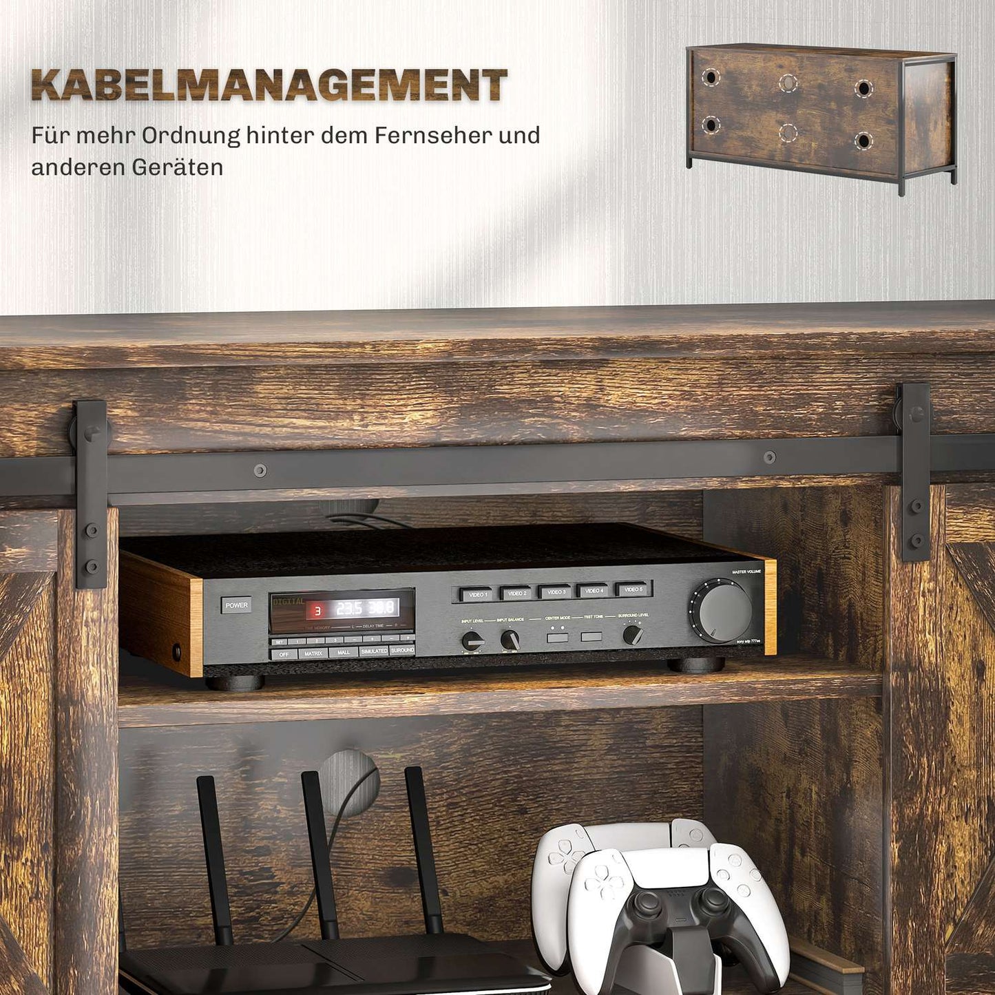 TV stand for 60-inch TVs, brown, 2 cabinets and shelves