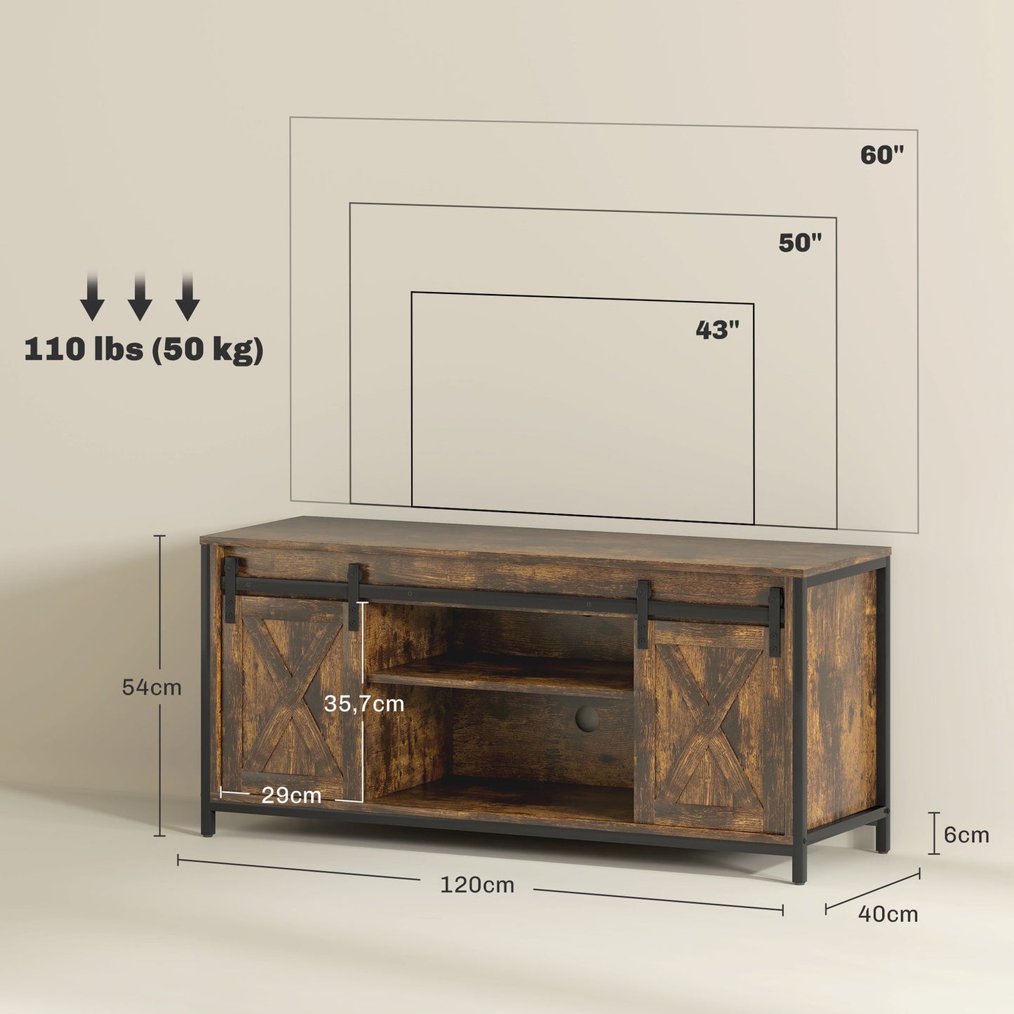 TV stand for 60-inch TVs, brown, 2 cabinets and shelves