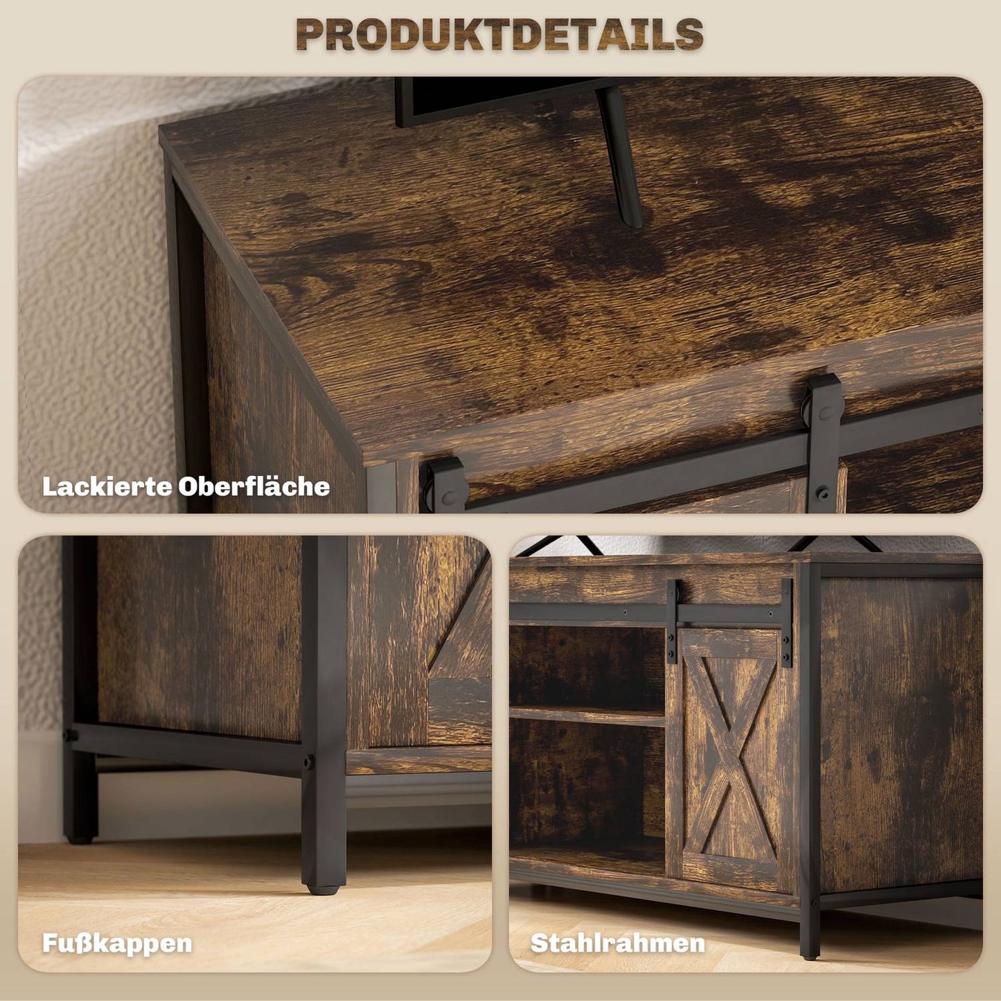 TV stand for 60-inch TVs, brown, 2 cabinets and shelves