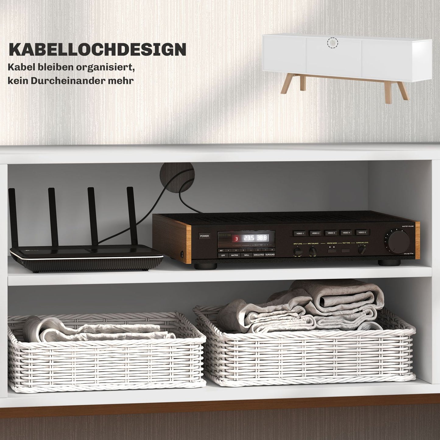 White TV bench, fits TVs up to 65", 2 cabinets and shelves
