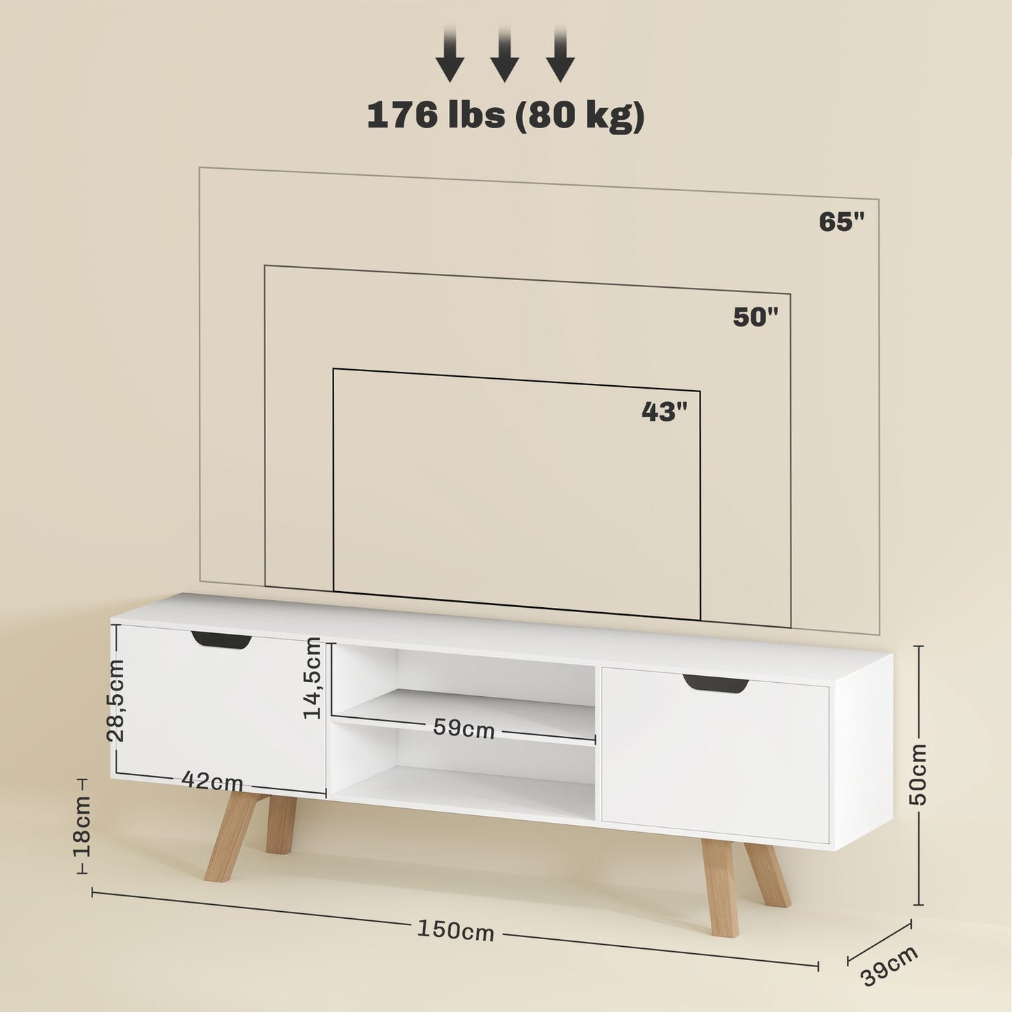 White TV bench, fits TVs up to 65", 2 cabinets and shelves